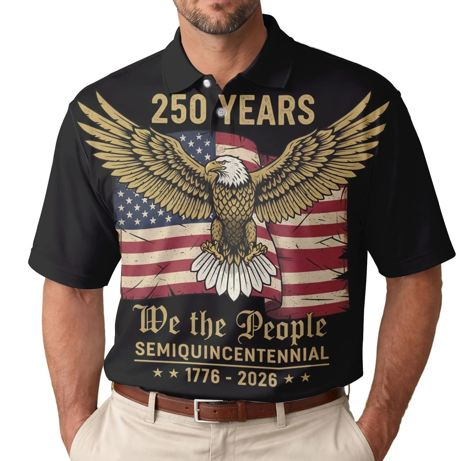 250th Anniversary Eagle Distressed Flag We the People 1776-2026 Polo Americana Men's Polo Shirt (Lightweight) - 1