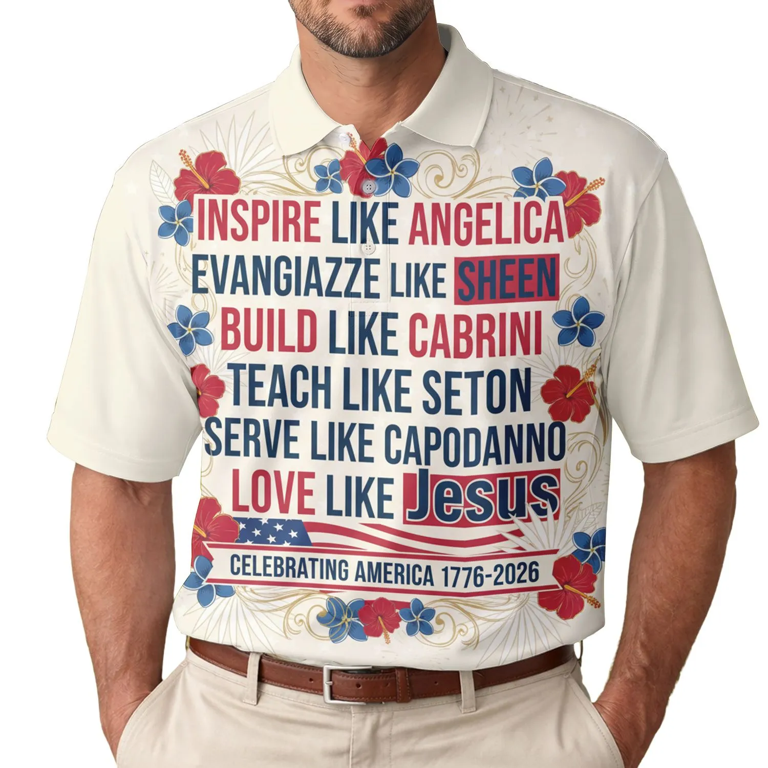 America 250th Anniversary: Inspirational Tropical Floral Ivory Gold 1776-2026 Men's Polo Shirt (Lightweight) - 1