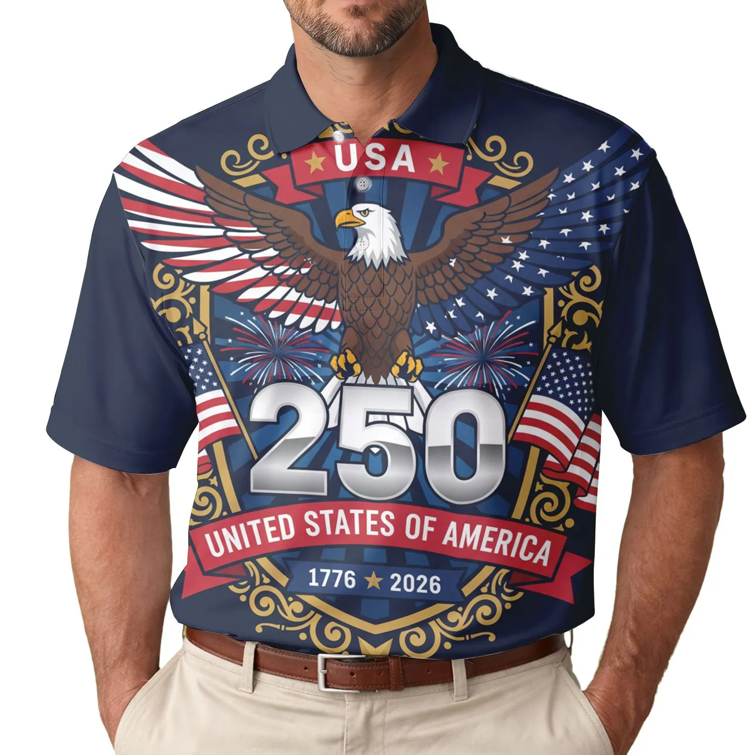USA 250th Anniversary Patriotic Emblem: Eagle Flag Wings, Fireworks, 1776-2026 Shield Men's Polo Shirt (Lightweight) - 1