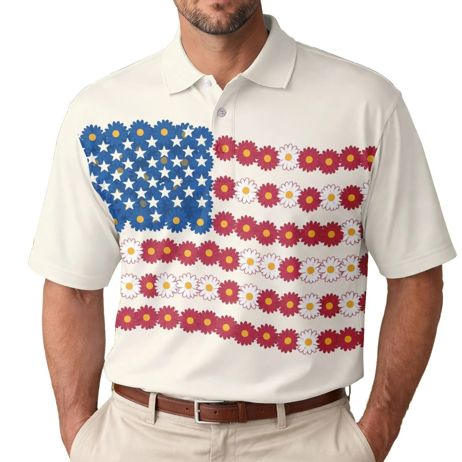 USA 250th Anniversary Floral Flag: Daisy Blue Crimson White Golden Yellow Men's Polo Shirt (Lightweight) - 1