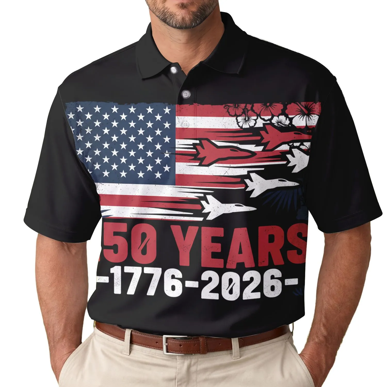 America's 250th Birthday Distressed Flag Fighter Jet 1776-2026 Patriotic Commemoration Men's Polo Shirt (Lightweight) - 1