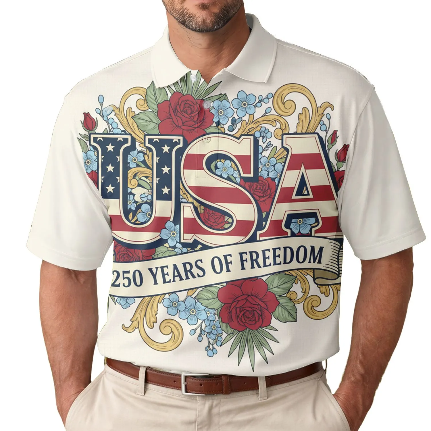 USA 250th Anniversary Freedom Banner: Patriotic Floral Scrollwork Illustration Men's Polo Shirt (Lightweight) - 1