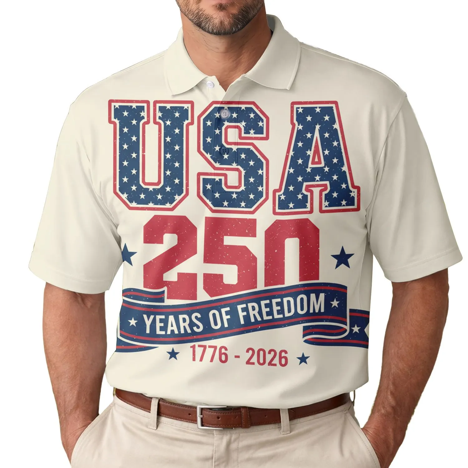 America 250th Anniversary USA 250 Years Freedom 1776-2026 Patriotic Polo Distressed Navy Stars Men's Polo Shirt (Lightweight) - 1