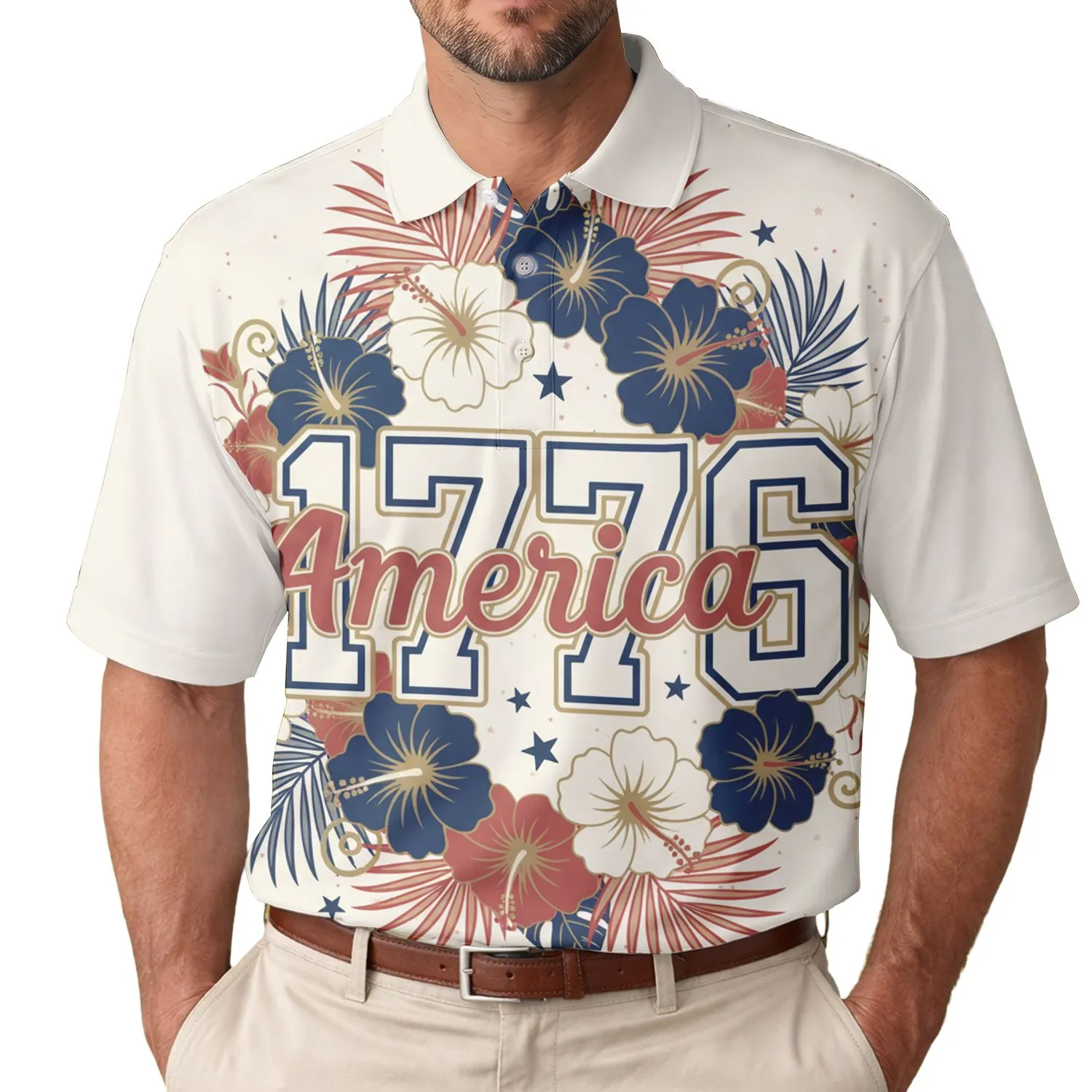 America 250th Anniversary 1776 Polo Patriotic Tropical Red White Blue Gold Men's Polo Shirt (Lightweight) - 1