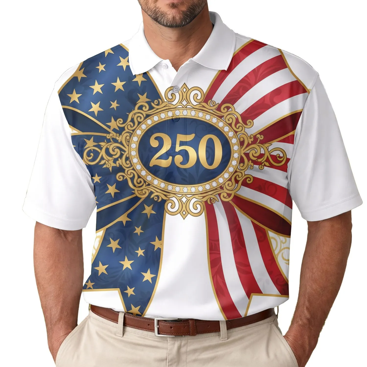 USA 250th Anniversary Patriotic Polo Bow with Jewel 250 Emblem Gold Stars Red Stripes Men's Polo Shirt (Lightweight) - 1
