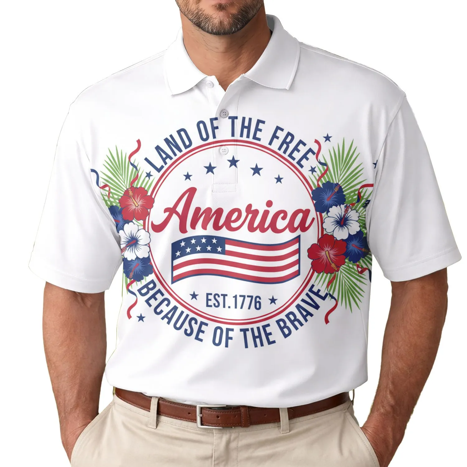America 250th Anniversary Patriotic Emblem: Land of Free, Brave – Est. 1776 Hibiscus Palm Men's Polo Shirt (Lightweight) - 1