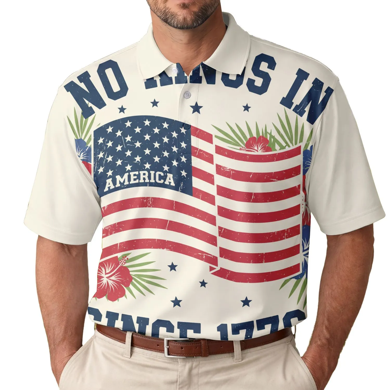 USA 250th Birthday 1776: No Kings In America Distressed Flag Tropical Hibiscus Men's Polo Shirt (Lightweight) - 1