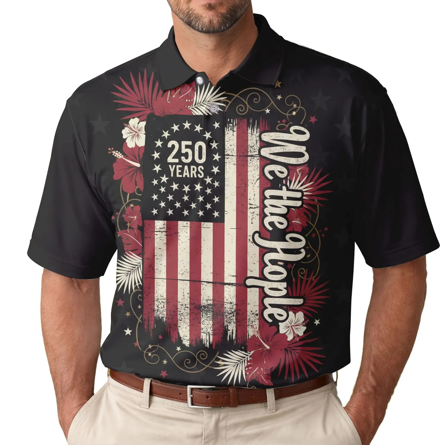 Patriotic American USA 250th Anniversary 1776 Distressed Flag We the People Tropical Men's Polo Shirt (Lightweight) - 1