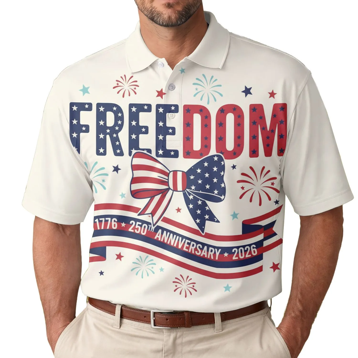 America 250th Freedom Stars Banner 1776 2026 Patriotic Stripes Tropical Motif Men's Polo Shirt (Lightweight) - 1