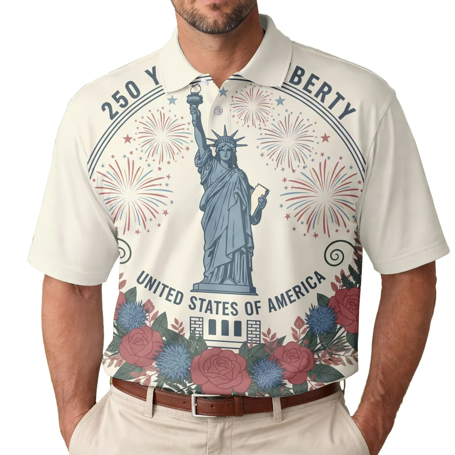 America 250th Liberty Statue USA Patriotic Botanical Fireworks Celebration Men's Polo Shirt (Lightweight) - 1