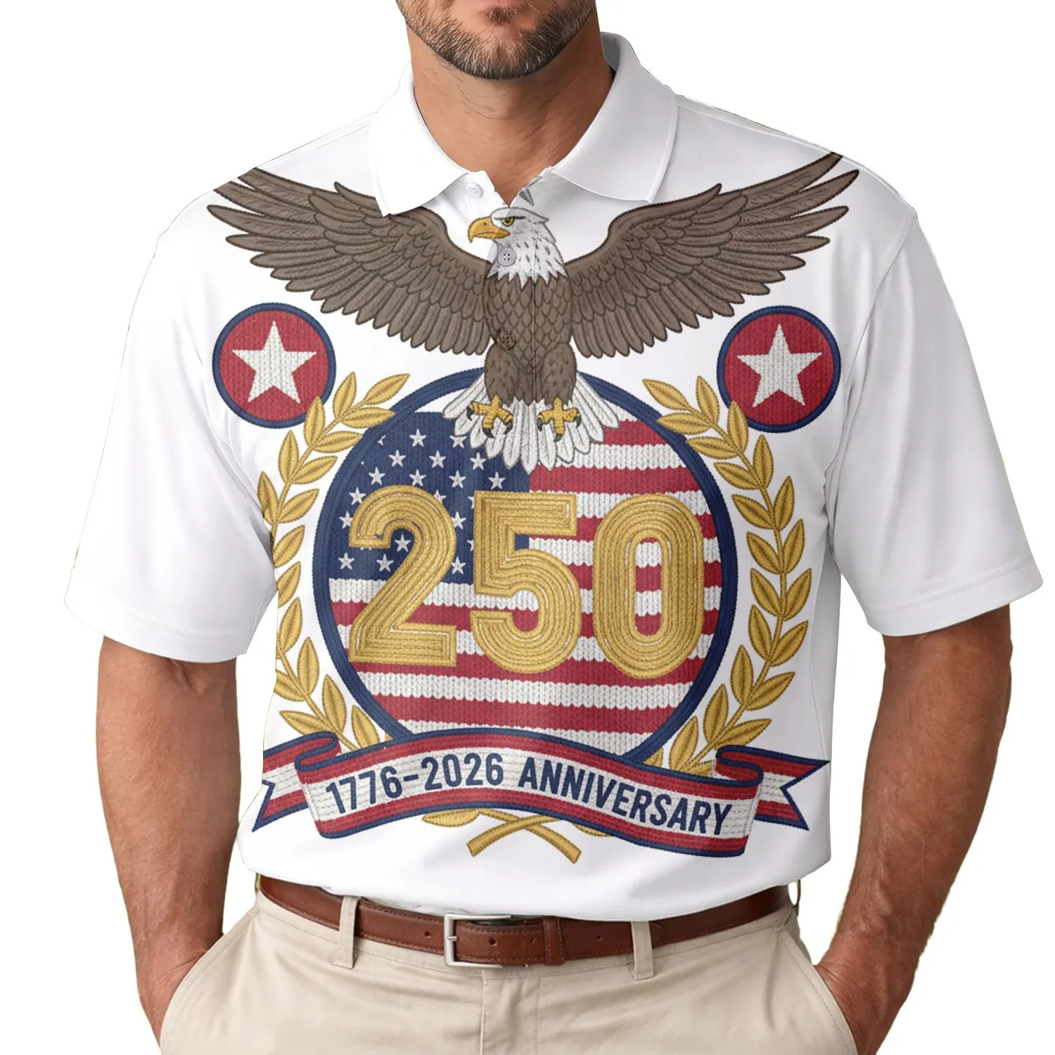 USA 250th Birthday Patriotic Knitted Eagle Flag Gold Laurel Wreath Emblem Men's Polo Shirt (Lightweight) - 1