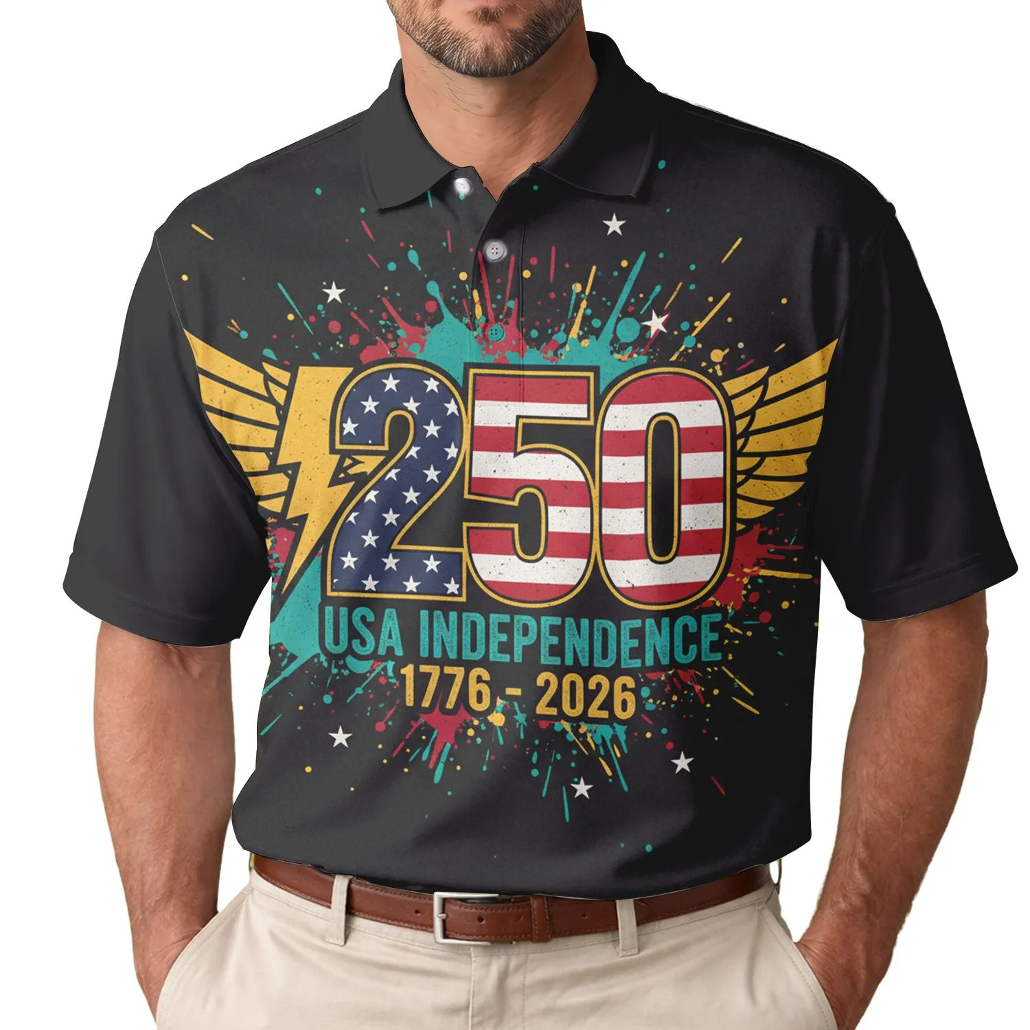 USA 250th Anniversary: Patriotic Distressed 250 Stars Stripes, Golden Wings, Independence 1776 Men's Polo Shirt (Lightweight) - 1