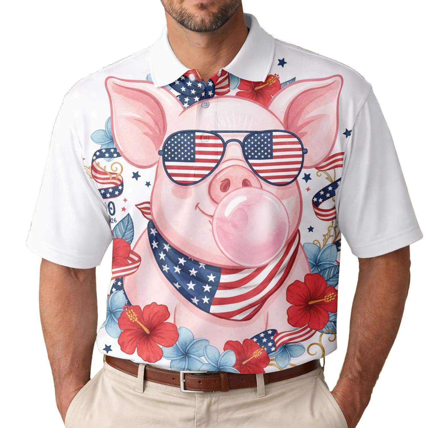 USA 250th Anniversary Pig: Flag Bandana, Bubble Gum, Hibiscus, Plumeria Scroll Men's Polo Shirt (Lightweight) - 1
