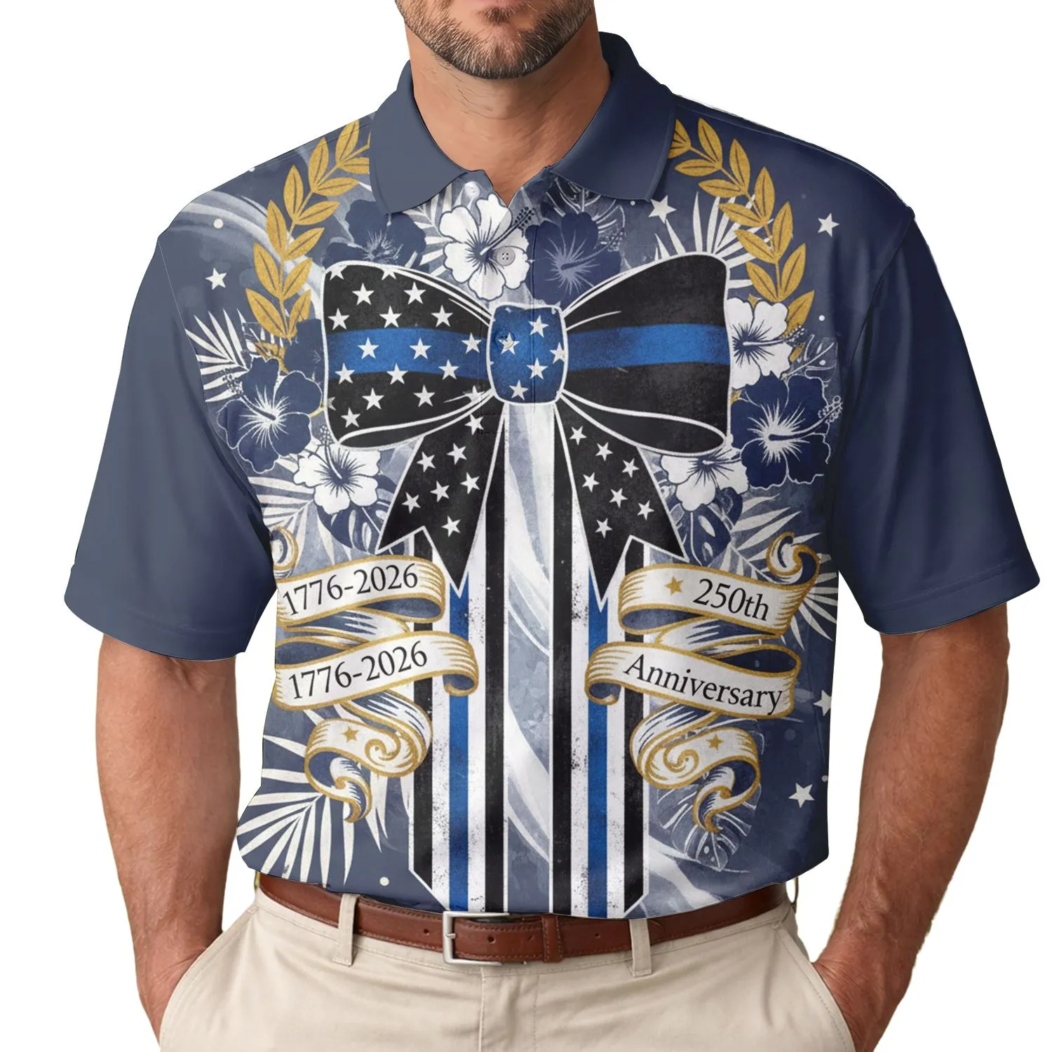 America 250th Patriotic Thin Blue Line Bow 1776-2026 Polo Floral Design Men's Polo Shirt (Lightweight) - 1