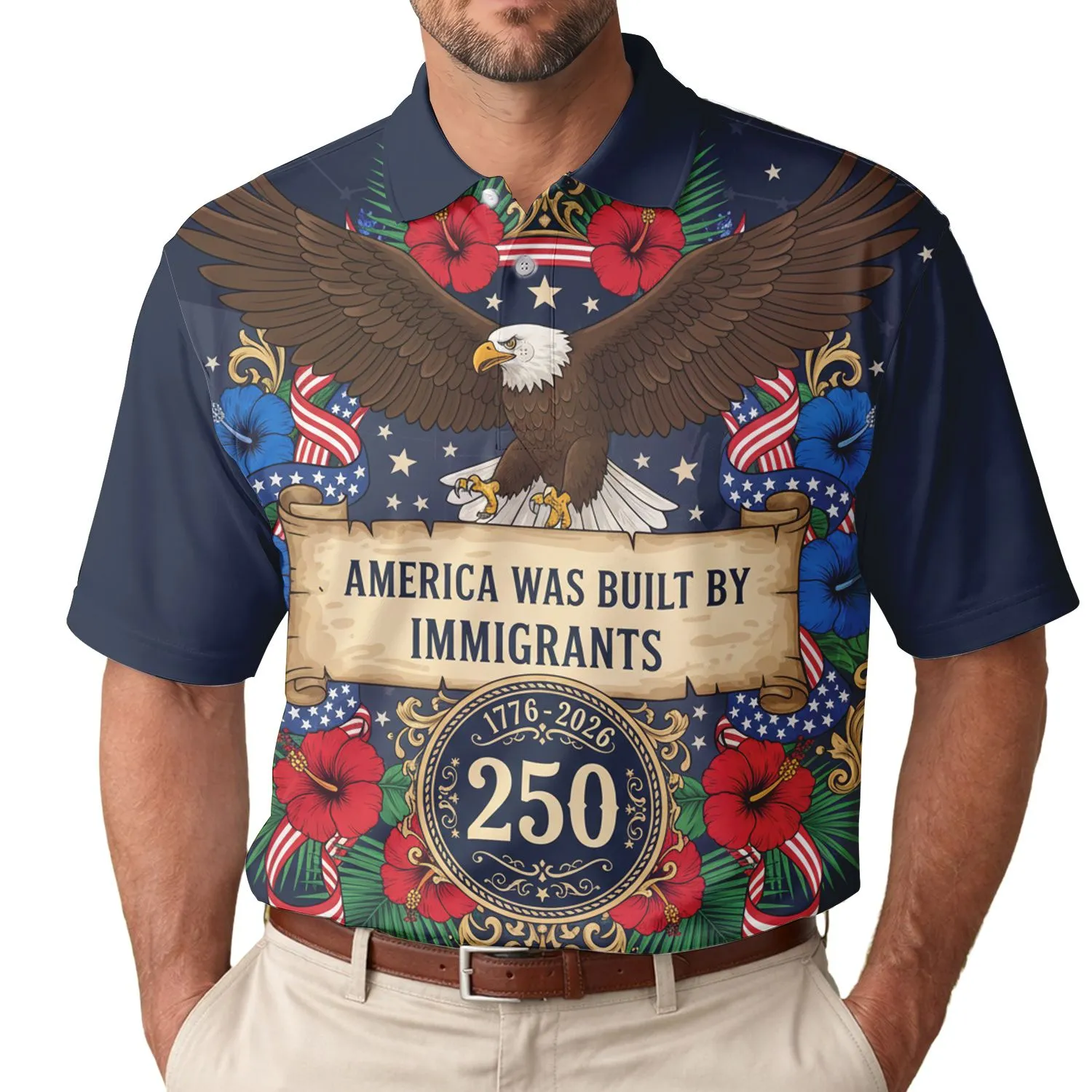 America 250th Eagle Immigrant Legacy Tropical Hibiscus Palm 1776-2026 Design Men's Polo Shirt (Lightweight) - 1