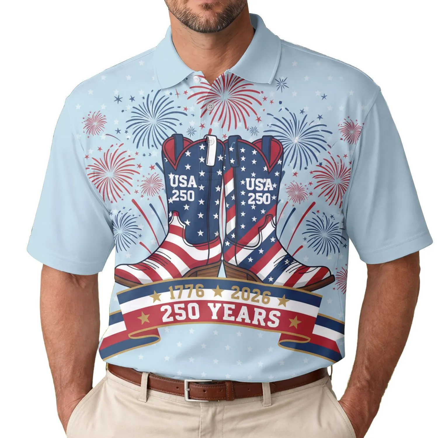 America 250th Birthday Patriotic Cowboy Boots Red White Blue Fireworks 1776 2026 Men's Polo Shirt (Lightweight) - 1