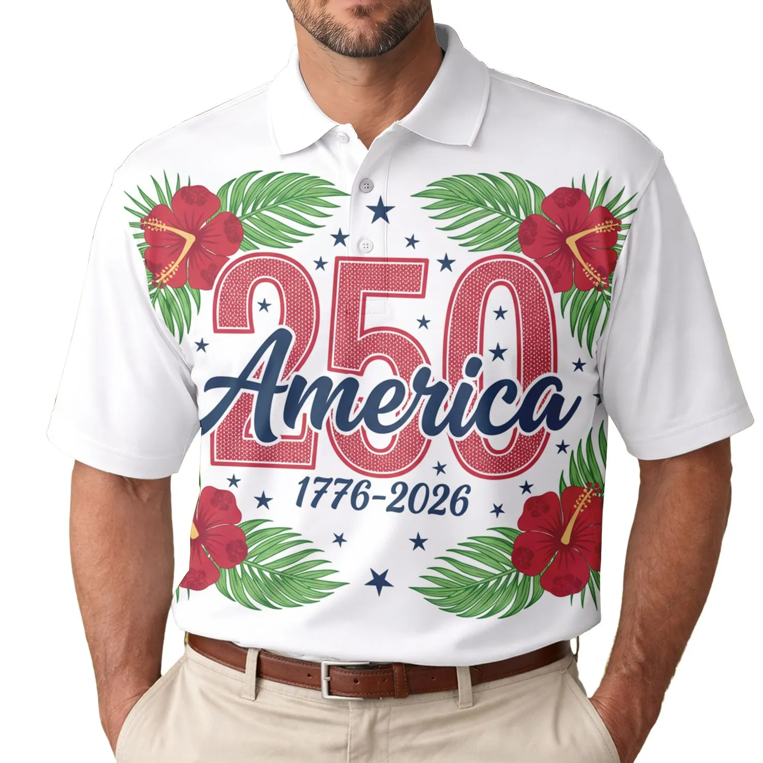 America 250th Anniversary: Red Knit 250, Navy America Script, Tropical Patriotic Design Men's Polo Shirt (Lightweight) - 1