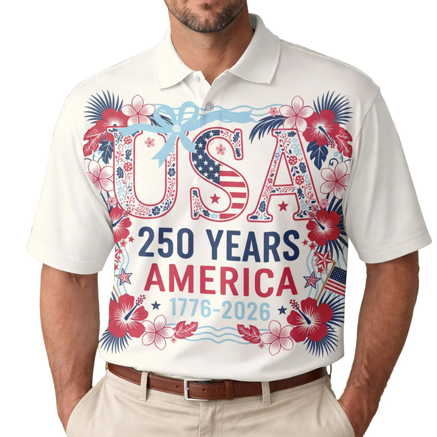 America 250th Anniversary USA Floral Letter Patriotic Ribbon Tropical Commemoration Men's Polo Shirt (Lightweight) - 1
