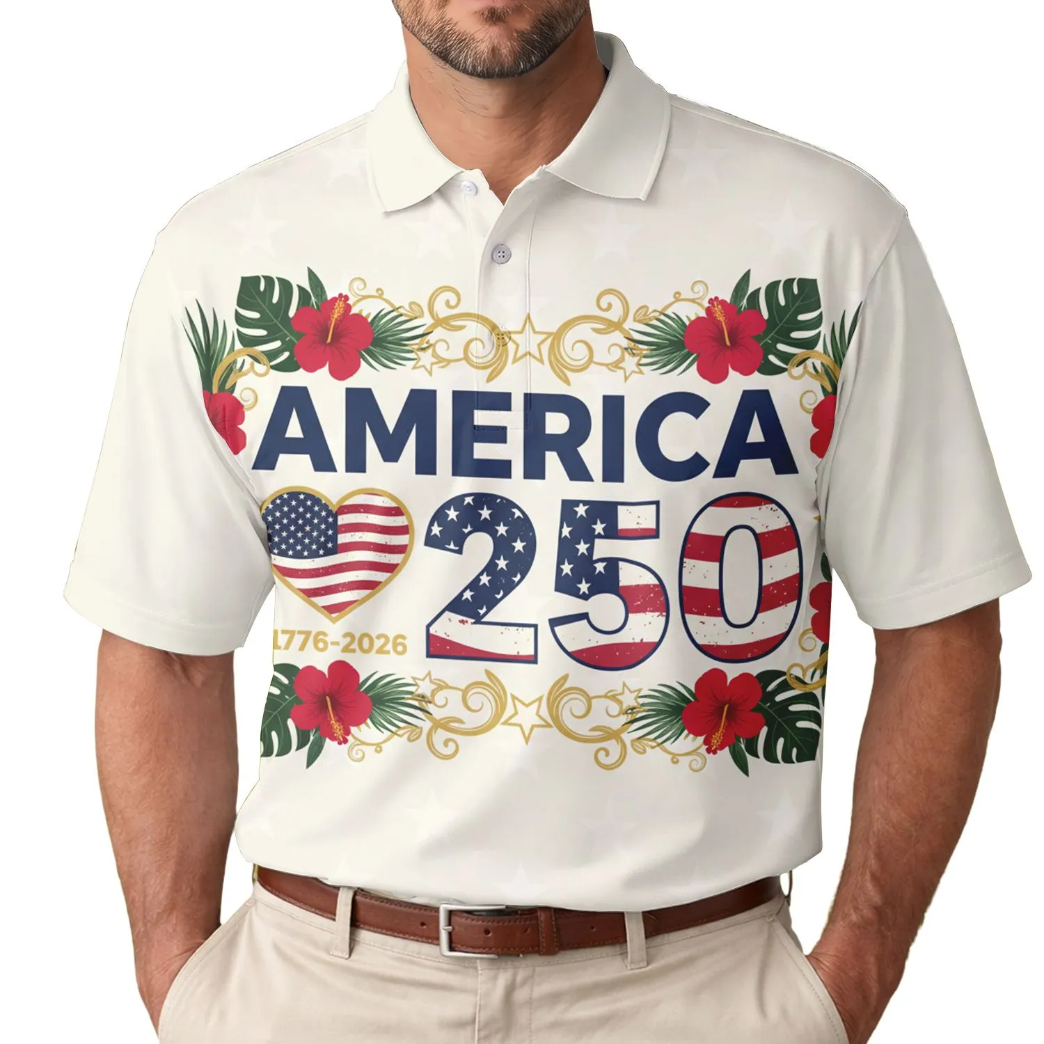 USA 250th Anniversary Distressed Flag AMERICA 250 Text Waving Heart 1776-2026 Hibiscus Men's Polo Shirt (Lightweight) - 1