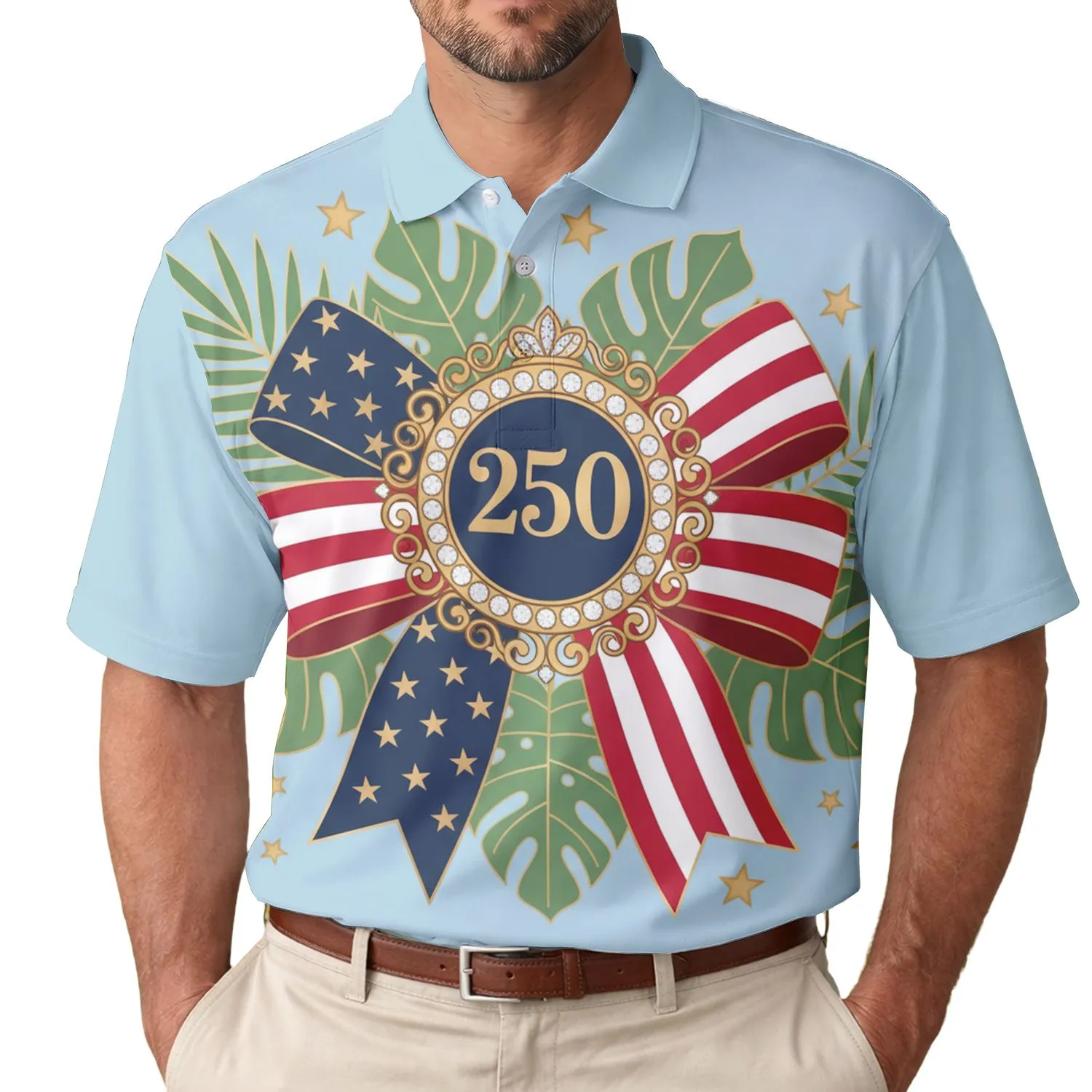 USA 250th Birthday Patriotic Polo Flag Bow Gold '250' Medallion Leaves Men's Polo Shirt (Lightweight) - 1