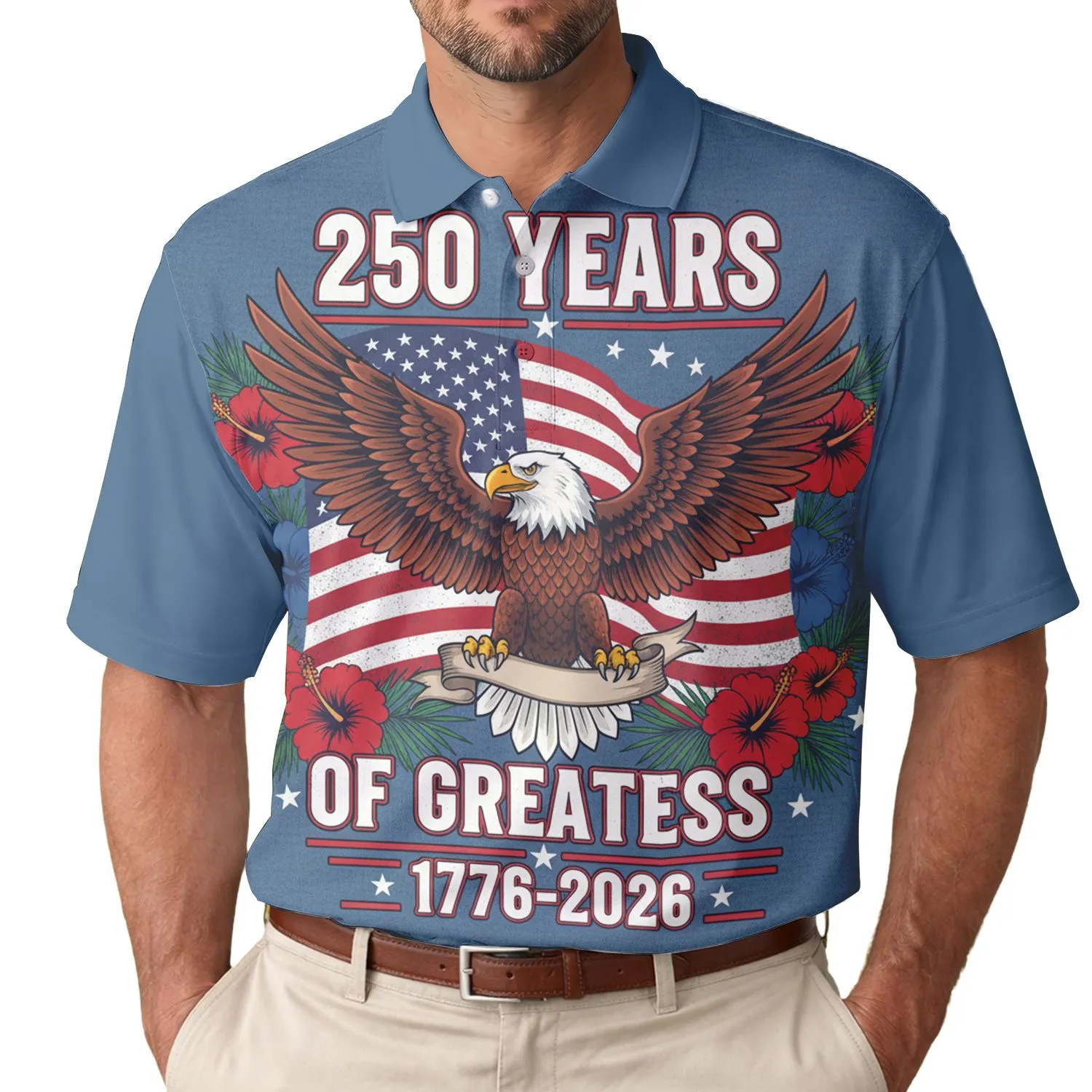 America 250th: Patriotic Eagle Flag & Hibiscus Tropical 1776-2026 Heritage Men's Polo Shirt (Lightweight) - 1