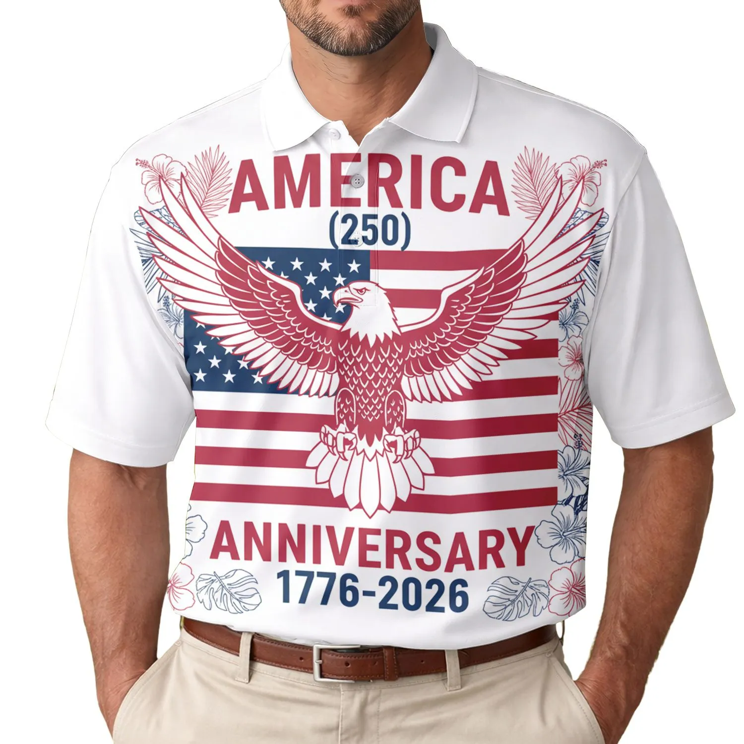 America 250th Anniversary 1776-2026 Bald Eagle American Flag Patriotic Tropical Men's Polo Shirt (Lightweight) - 1