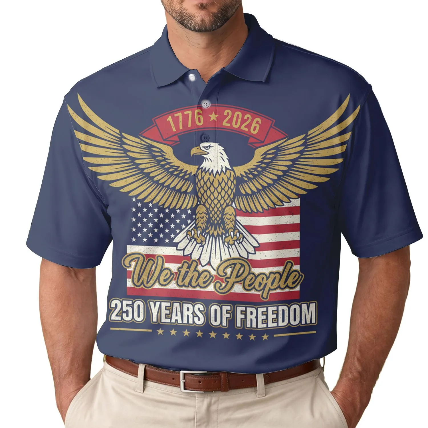 America 250th Anniversary: Distressed Bald Eagle, 1776 Flag, We the People Graphic Men's Polo Shirt (Lightweight) - 1