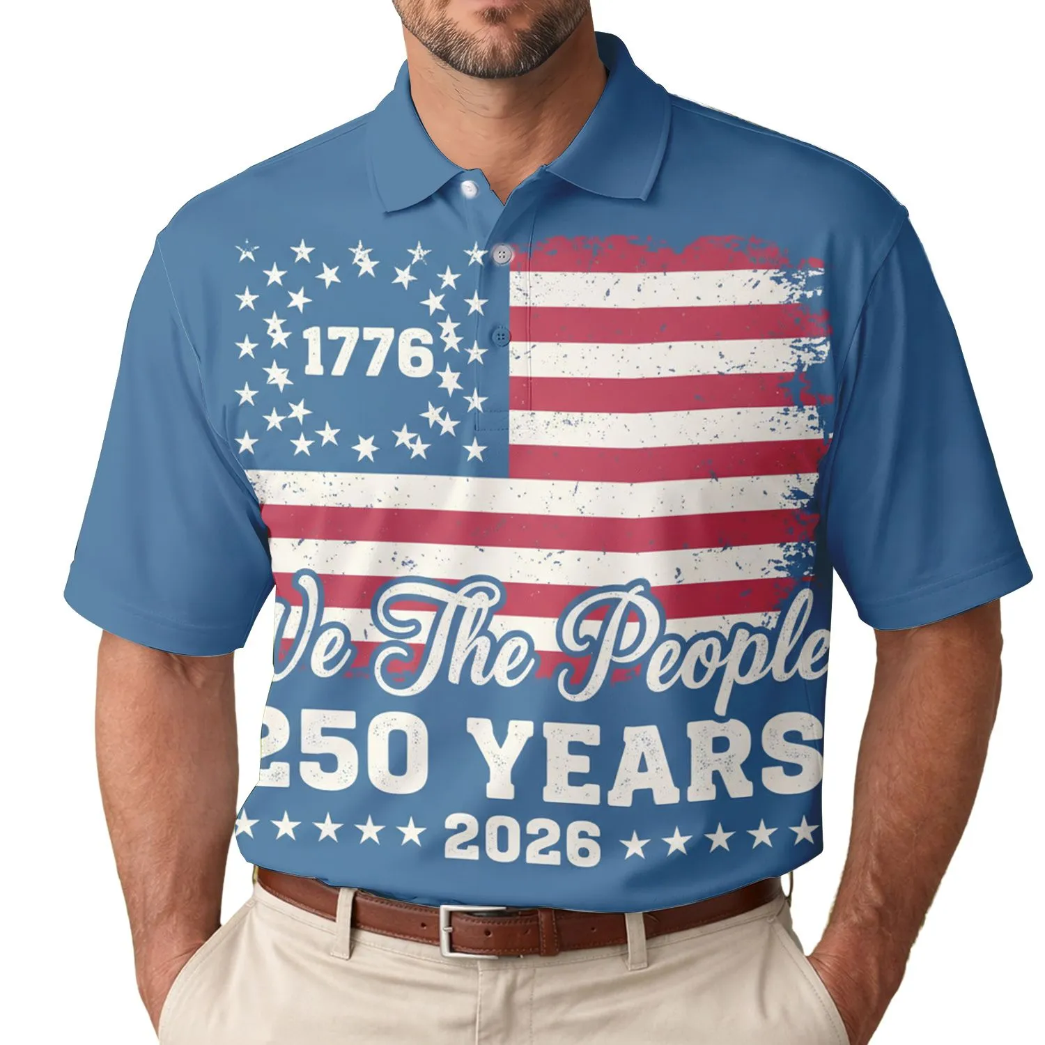 Patriotic 250th Anniversary: Distressed Flag 1776 We The People 2026 Semiquincentennial Men's Polo Shirt (Lightweight) - 1