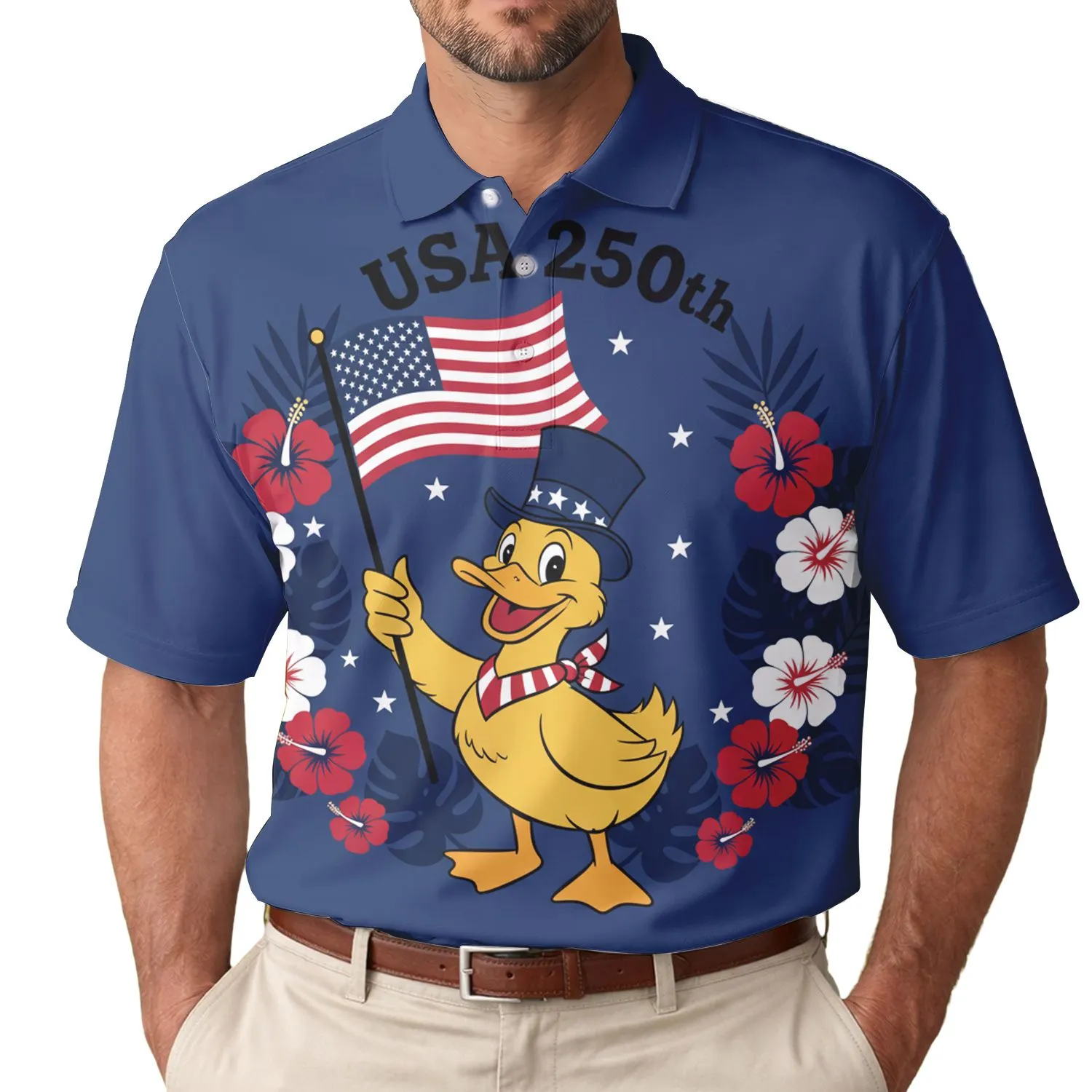 USA 250th Anniversary Patriotic Duck: Top Hat Flag Hibiscus Tropical Design Men's Polo Shirt (Lightweight) - 1