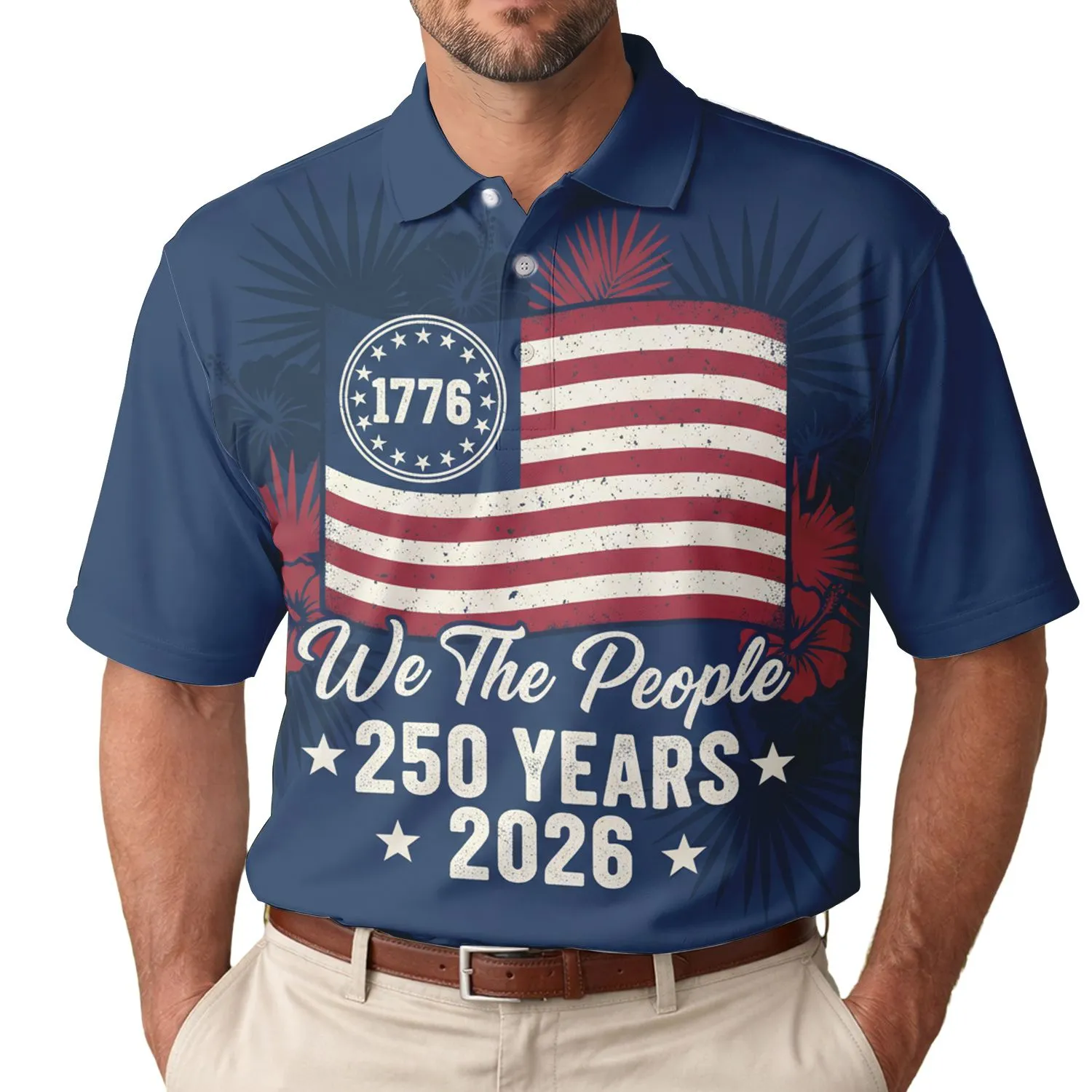 America 250th Semiquincentennial Distressed Flag 1776 'We The People' Patriotic Design Men's Polo Shirt (Lightweight) - 1