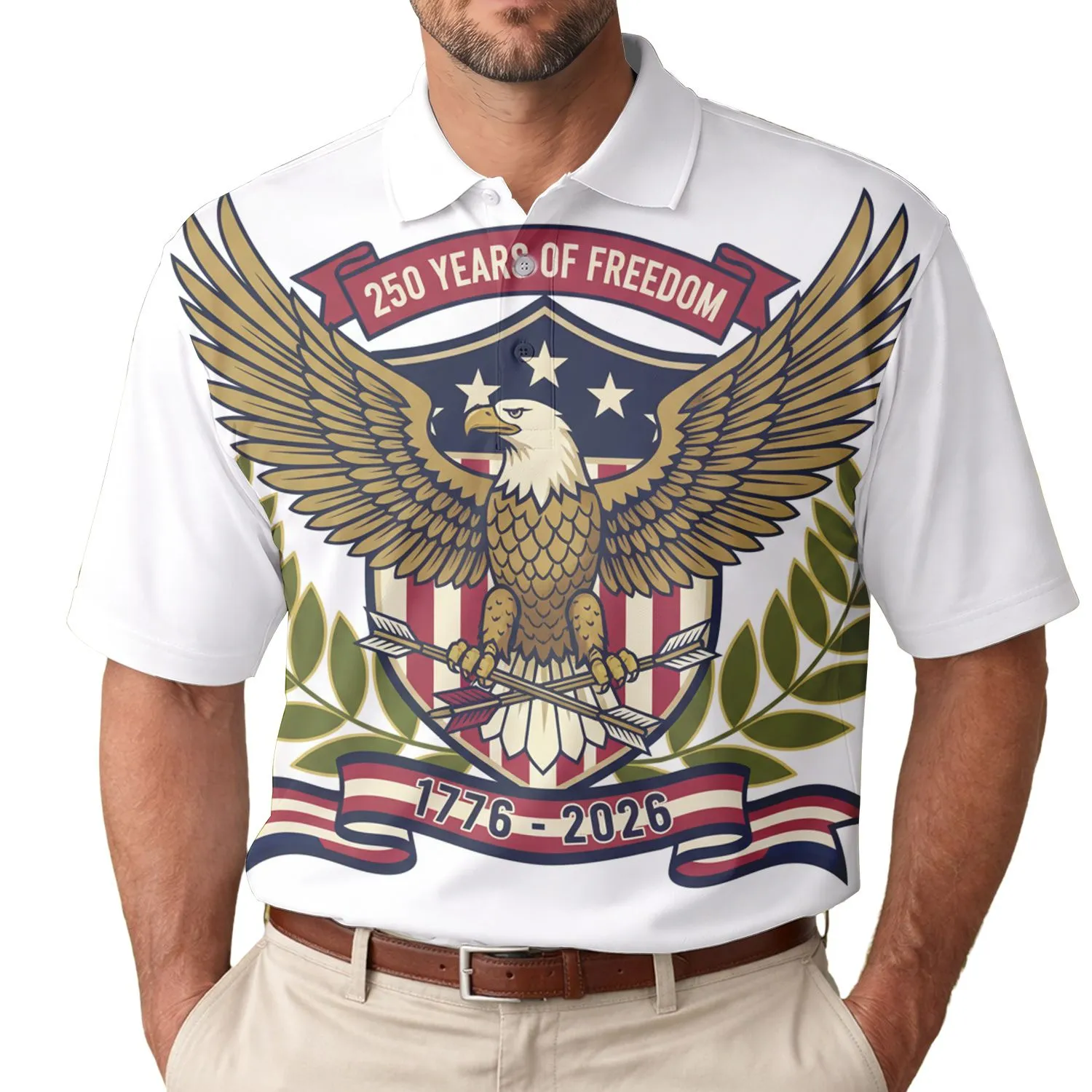 America 250th Anniversary Eagle Graphic: Patriotic Shield, Stars Stripes, 1776-2026 Men's Polo Shirt (Lightweight) - 1