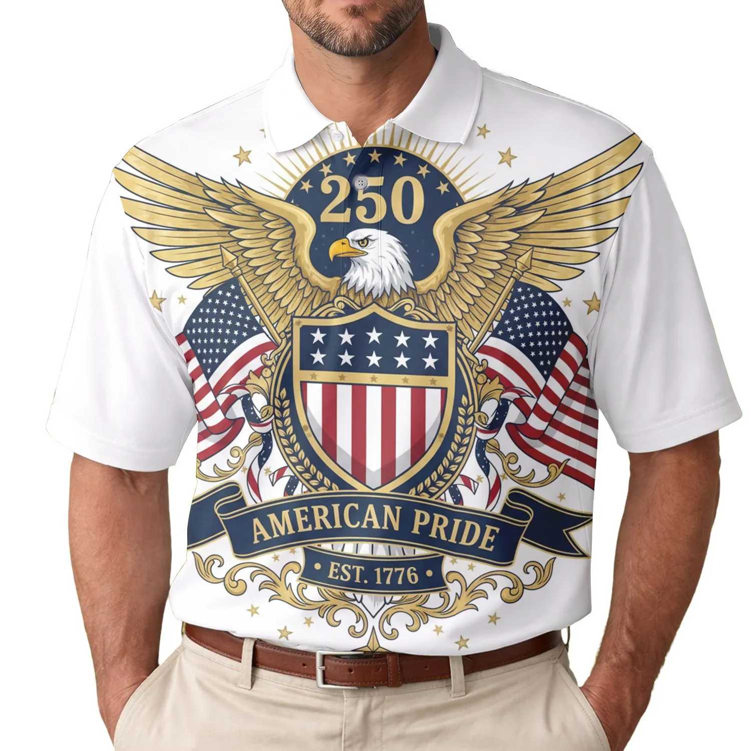 America 250th Patriotic Polo Eagle Shield Stars Gold Trim Est 1776 Men's Polo Shirt (Lightweight) - 1