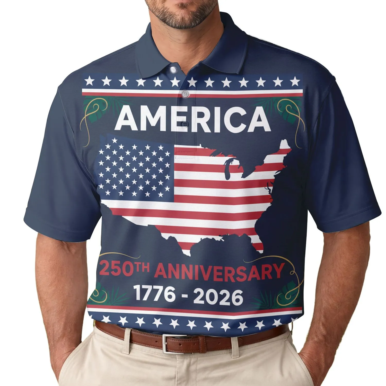 America 250th Anniversary US Flag Map 1776-2026 Commemorative Star Border Tropical Men's Polo Shirt (Lightweight) - 1