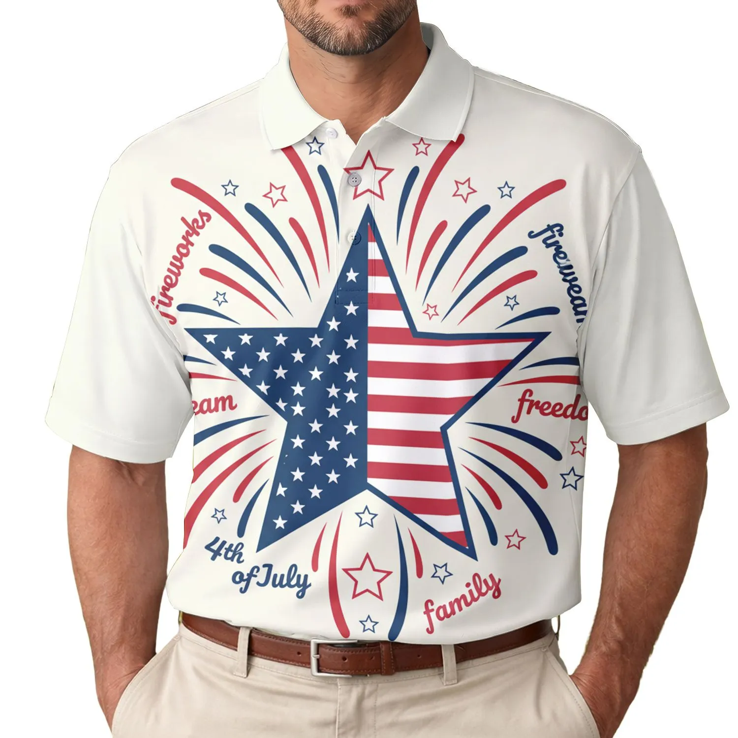 America 250th Birthday Patriotic Flag Star Tropical Fireworks Freedom Men's Polo Shirt (Lightweight) - 1