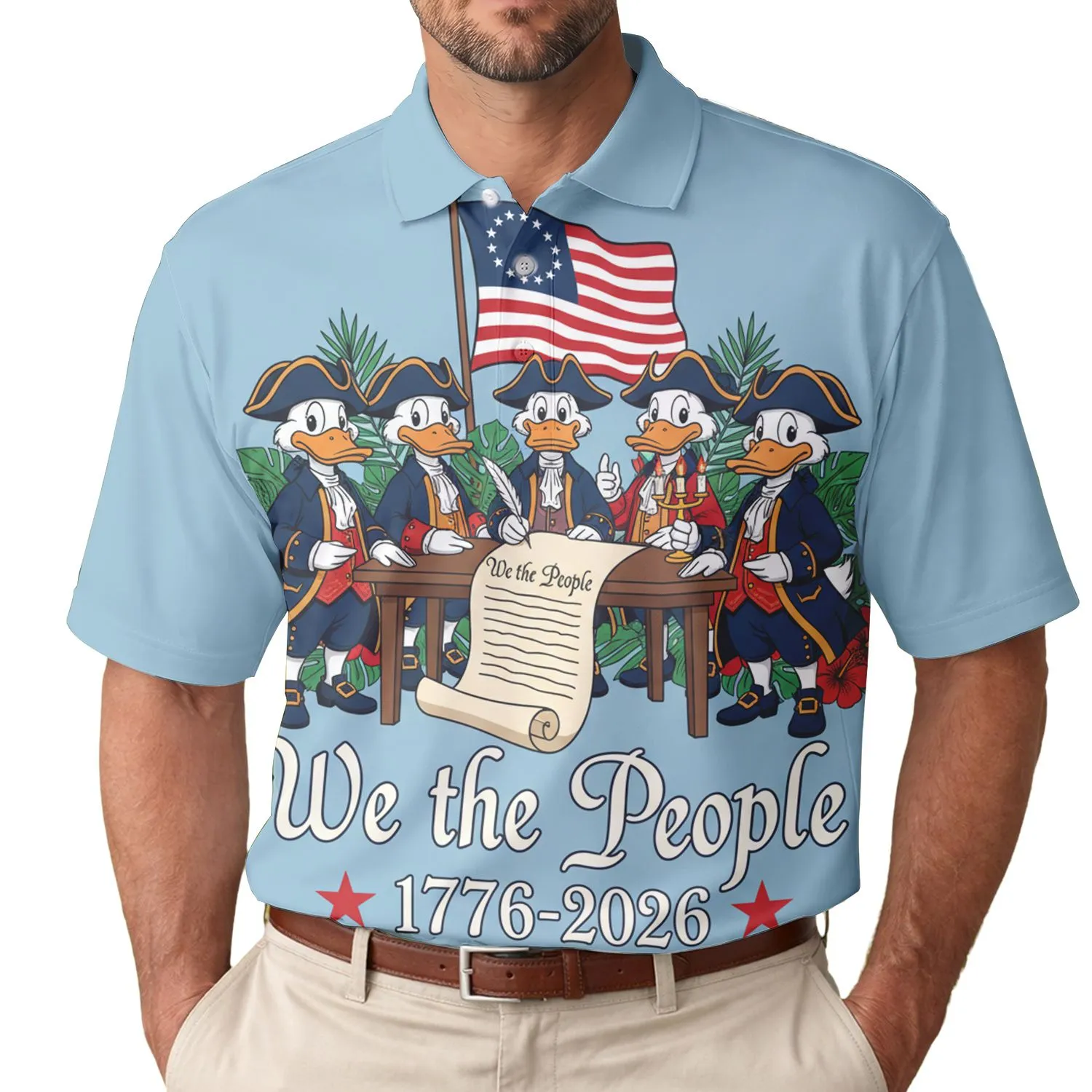 America 250th Birthday Founding Ducks Signing We the People Betsy Ross Flag 1776-2026 Men's Polo Shirt (Lightweight) - 1