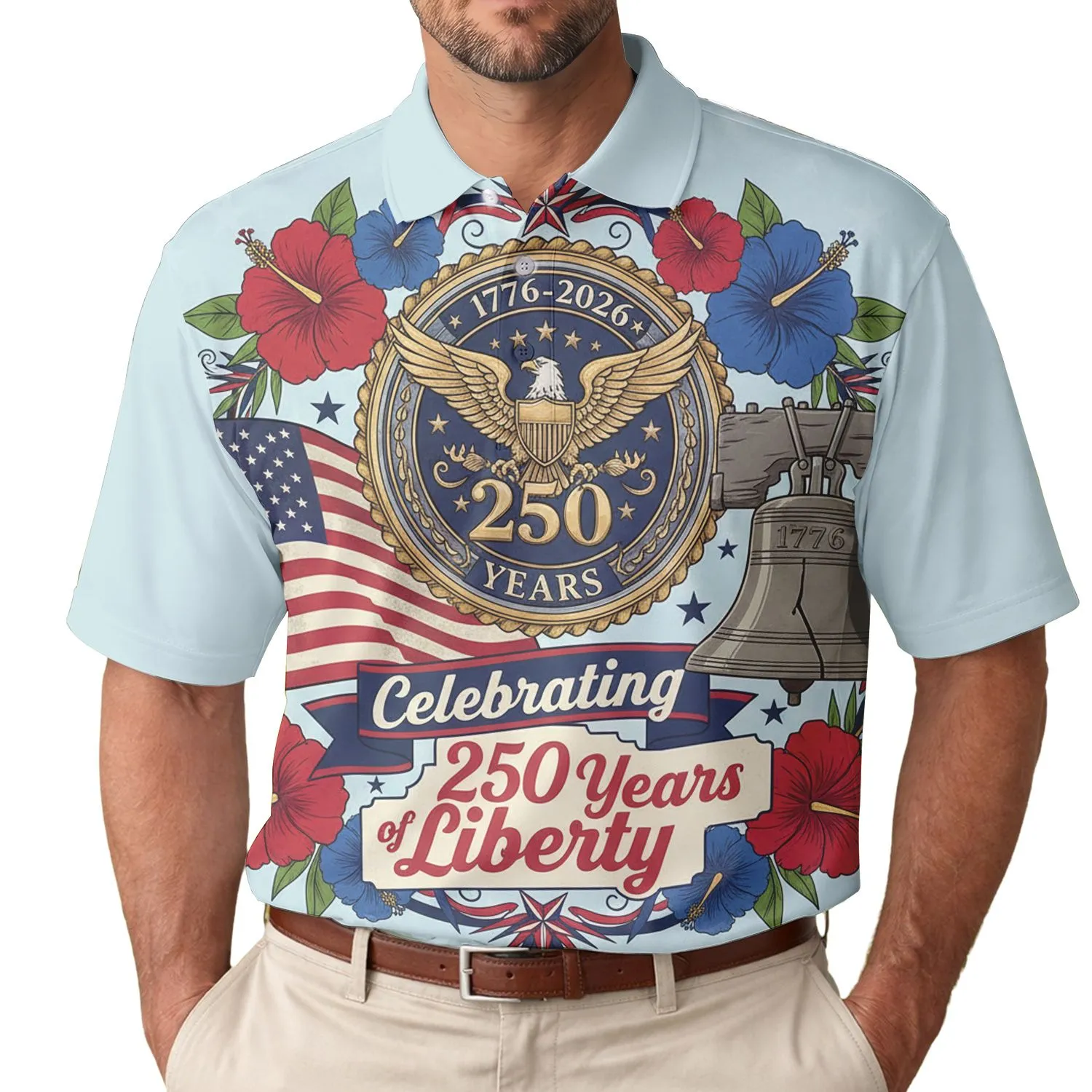 USA 250th Anniversary Emblem, Waving Flag, Liberty Bell, Tropical Patriotism Men's Polo Shirt (Lightweight) - 1