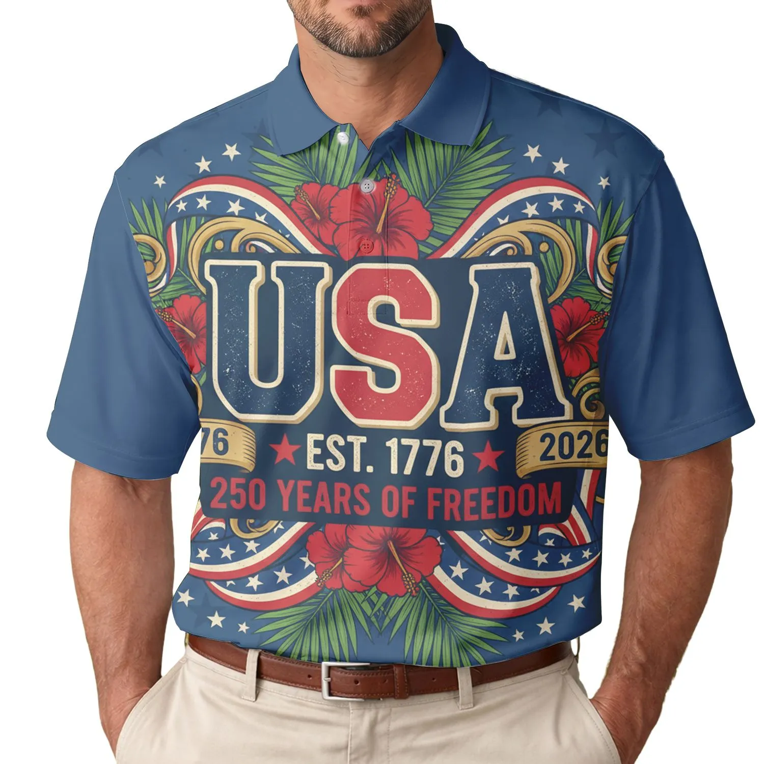 USA 250th Anniversary 1776 Freedom Tropical Americana Star Spangled Scrollwork Men's Polo Shirt (Lightweight) - 1