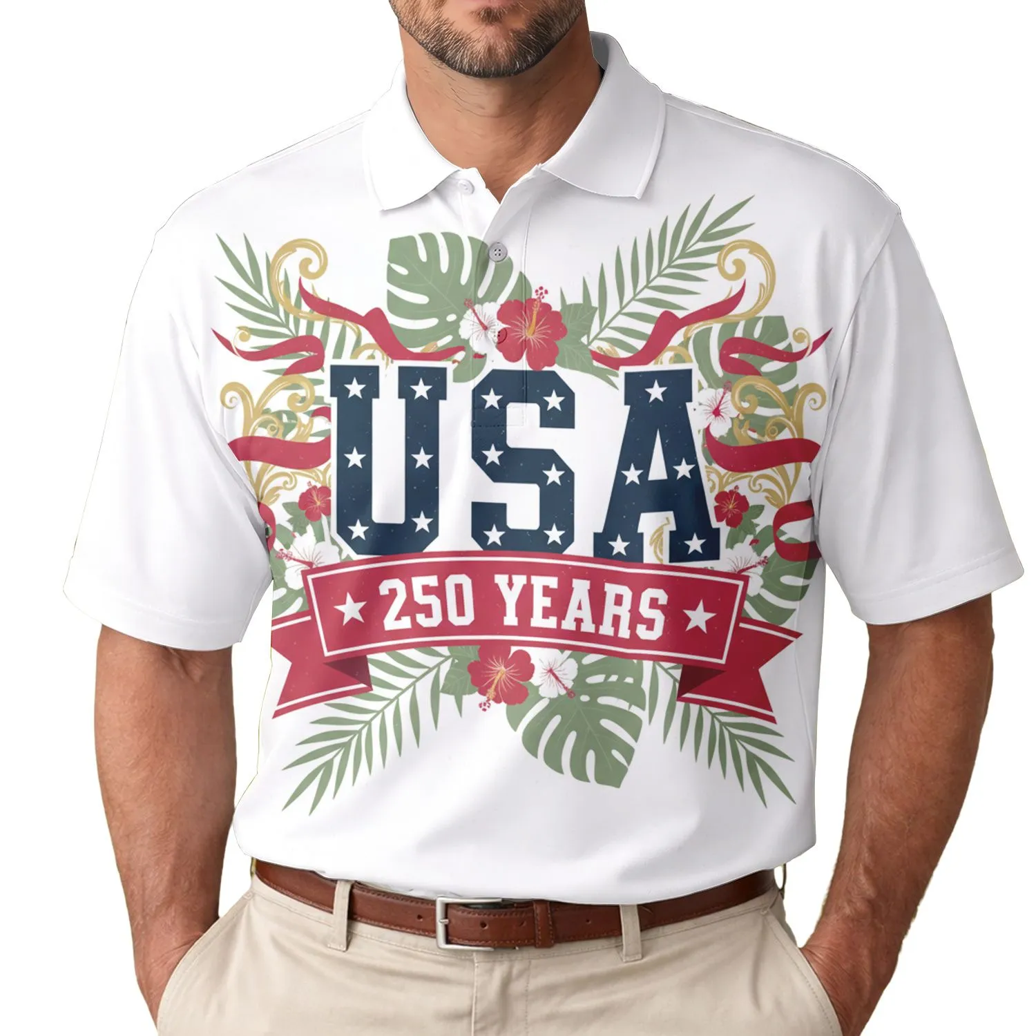 USA 250th Anniversary Patriotic Navy Crimson White Hibiscus Tropical Gold Scrollwork Men's Polo Shirt (Lightweight) - 1