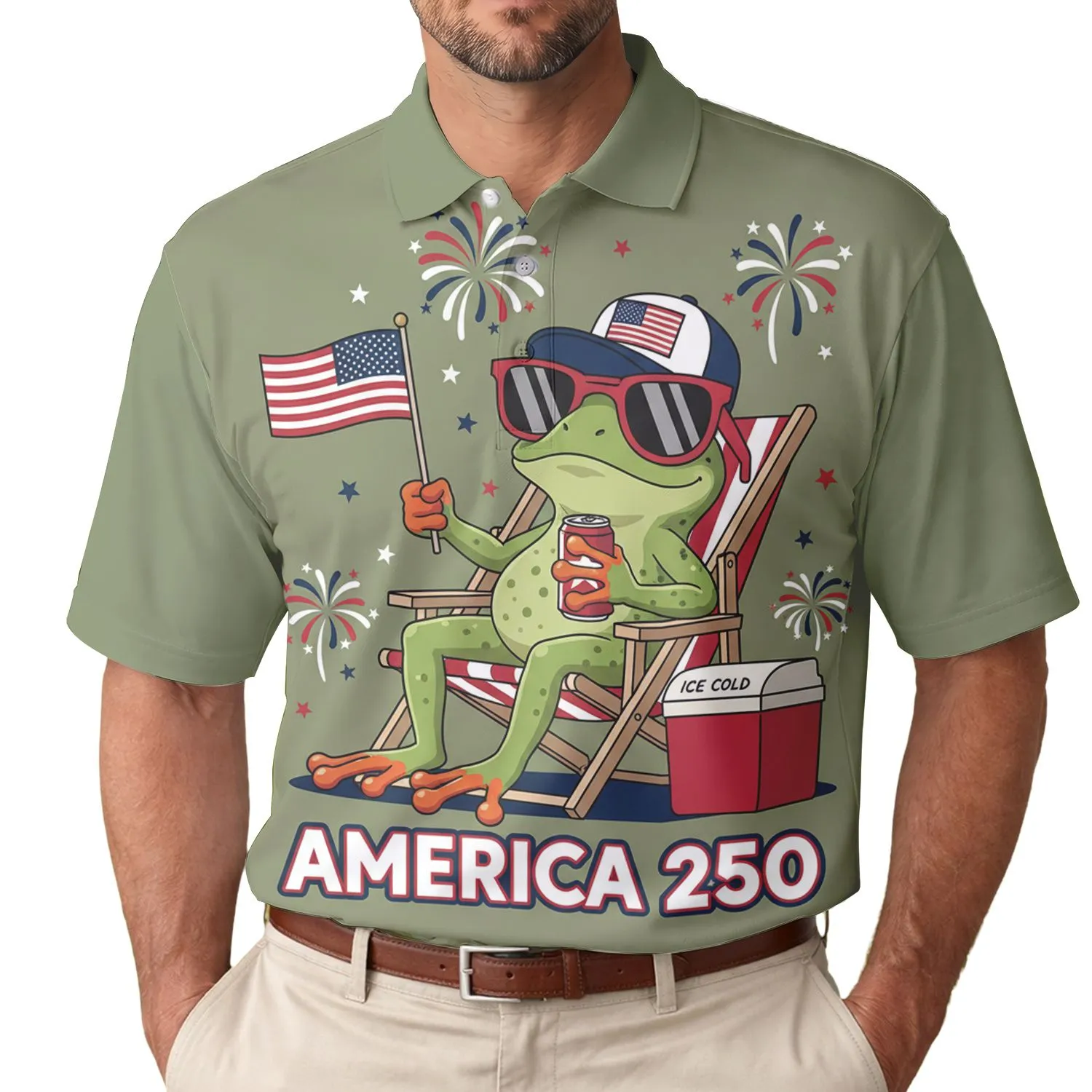 America 250th Birthday Frog Beach Chair Flag Patriotic Fireworks Scene Men's Polo Shirt (Lightweight) - 1