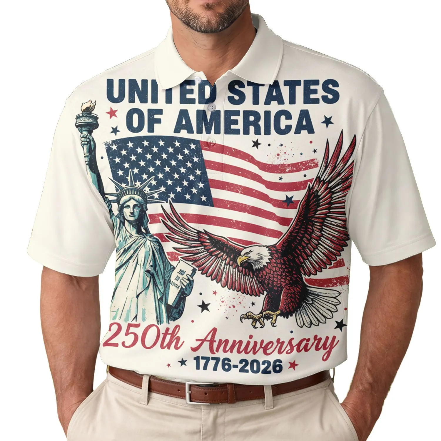 USA 250th Birthday Patriotic Flag Lady Liberty Eagle Polo 1776-2026 Men's Polo Shirt (Lightweight) - 1