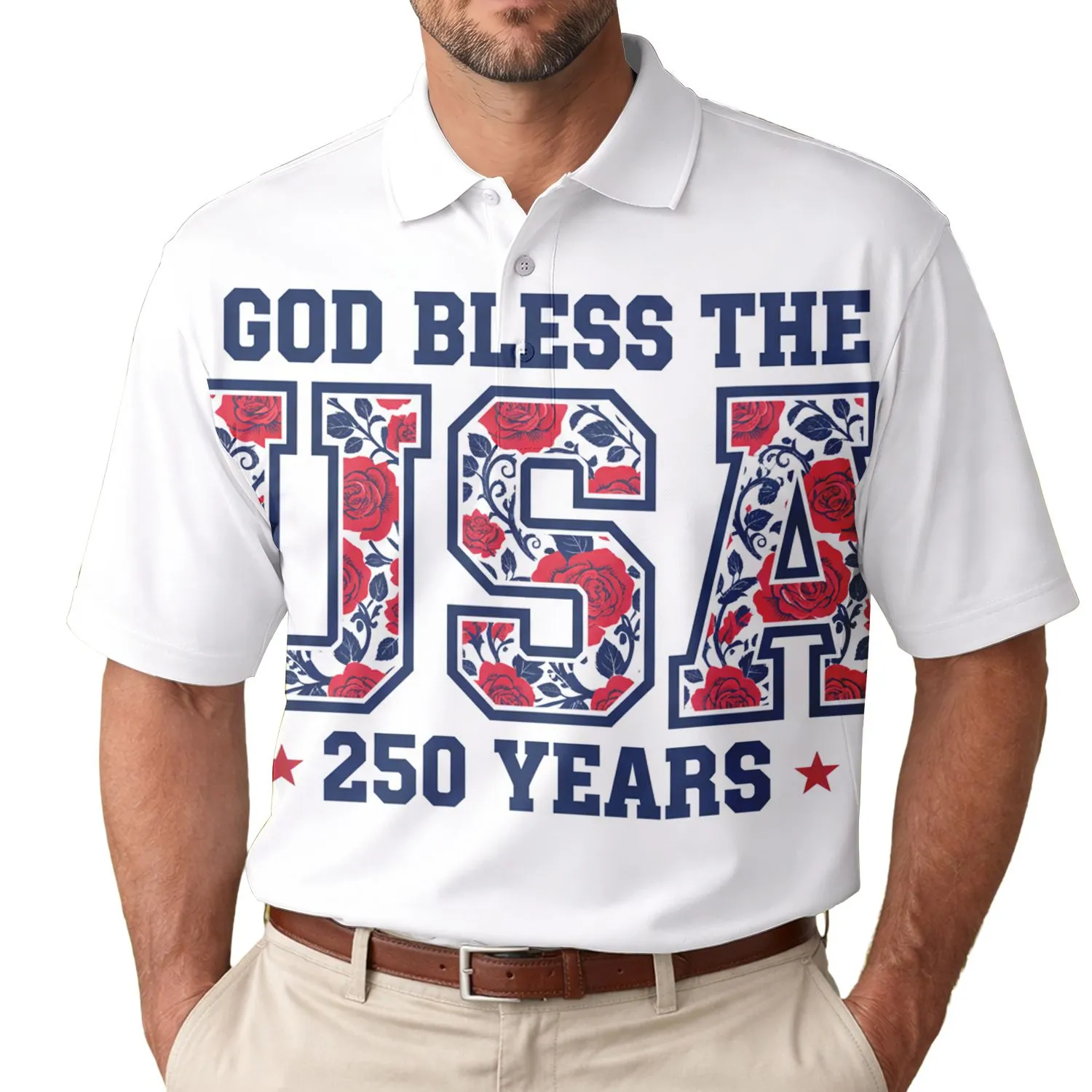 America 250th Birthday God Bless USA Collegiate Floral Crimson Roses Navy Leaves Men's Polo Shirt (Lightweight) - 1