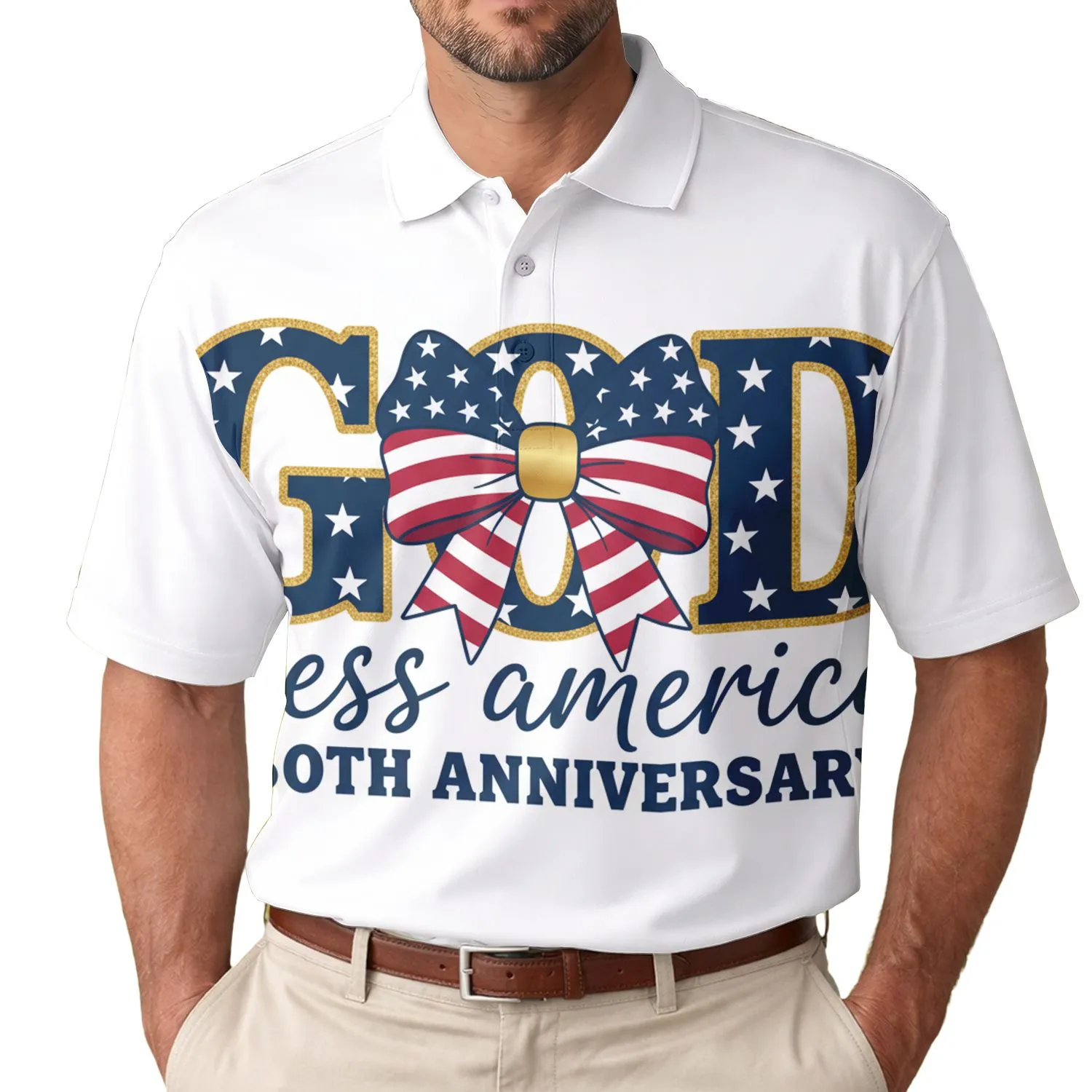 USA 250th Anniversary Patriotic 'GOD Bless America' Navy Gold Stars & Striped Bow Men's Polo Shirt (Lightweight) - 1