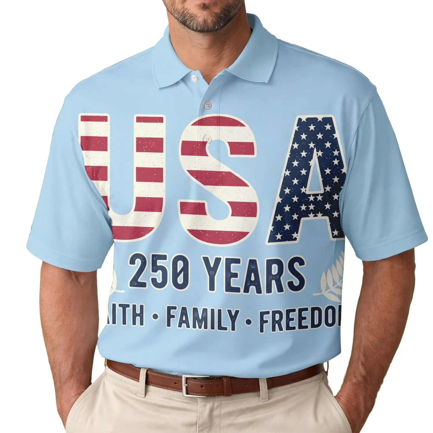 USA 250th Anniversary Patriotic Polo Stripes Stars Faith Family Freedom Wreath Men's Polo Shirt (Lightweight) - 1