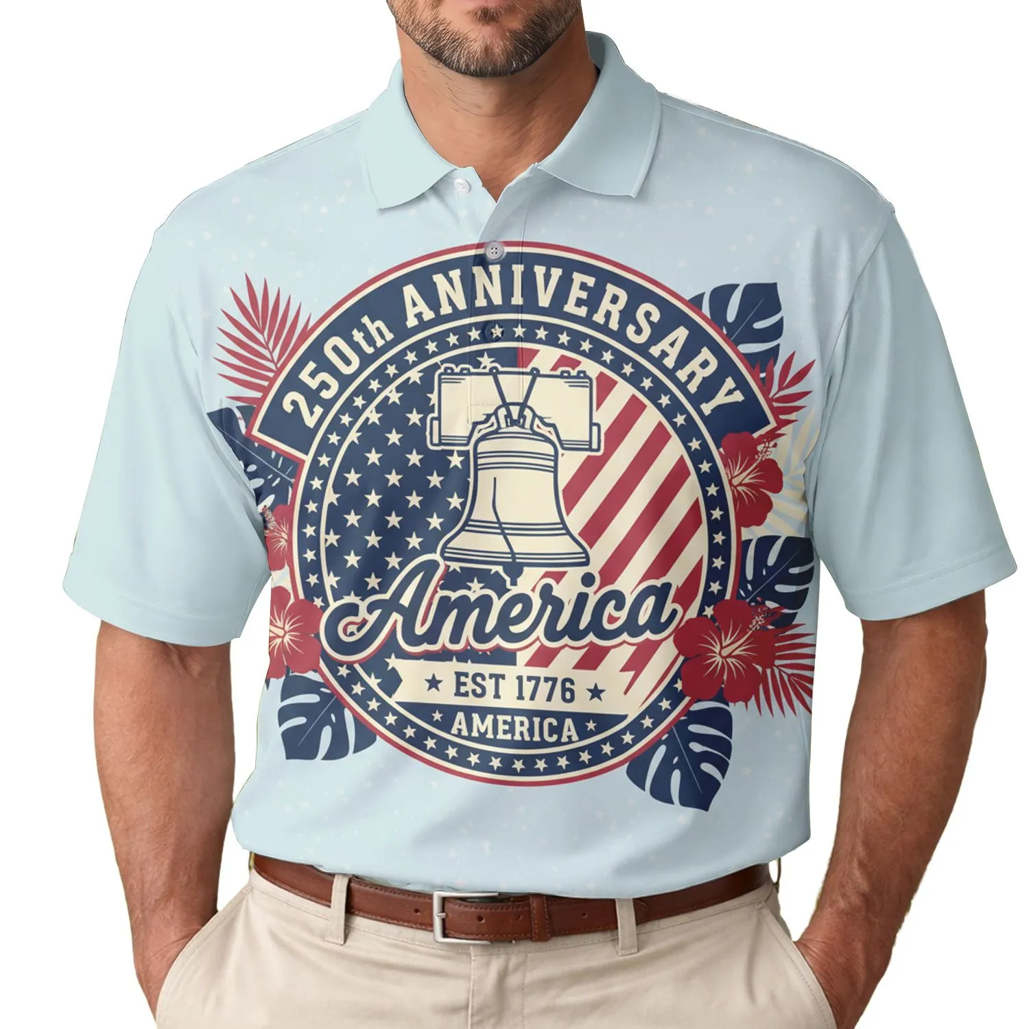 USA 250th Birthday Patriotic Polo Liberty Bell American Flag Est 1776 Emblem Men's Polo Shirt (Lightweight) - 1
