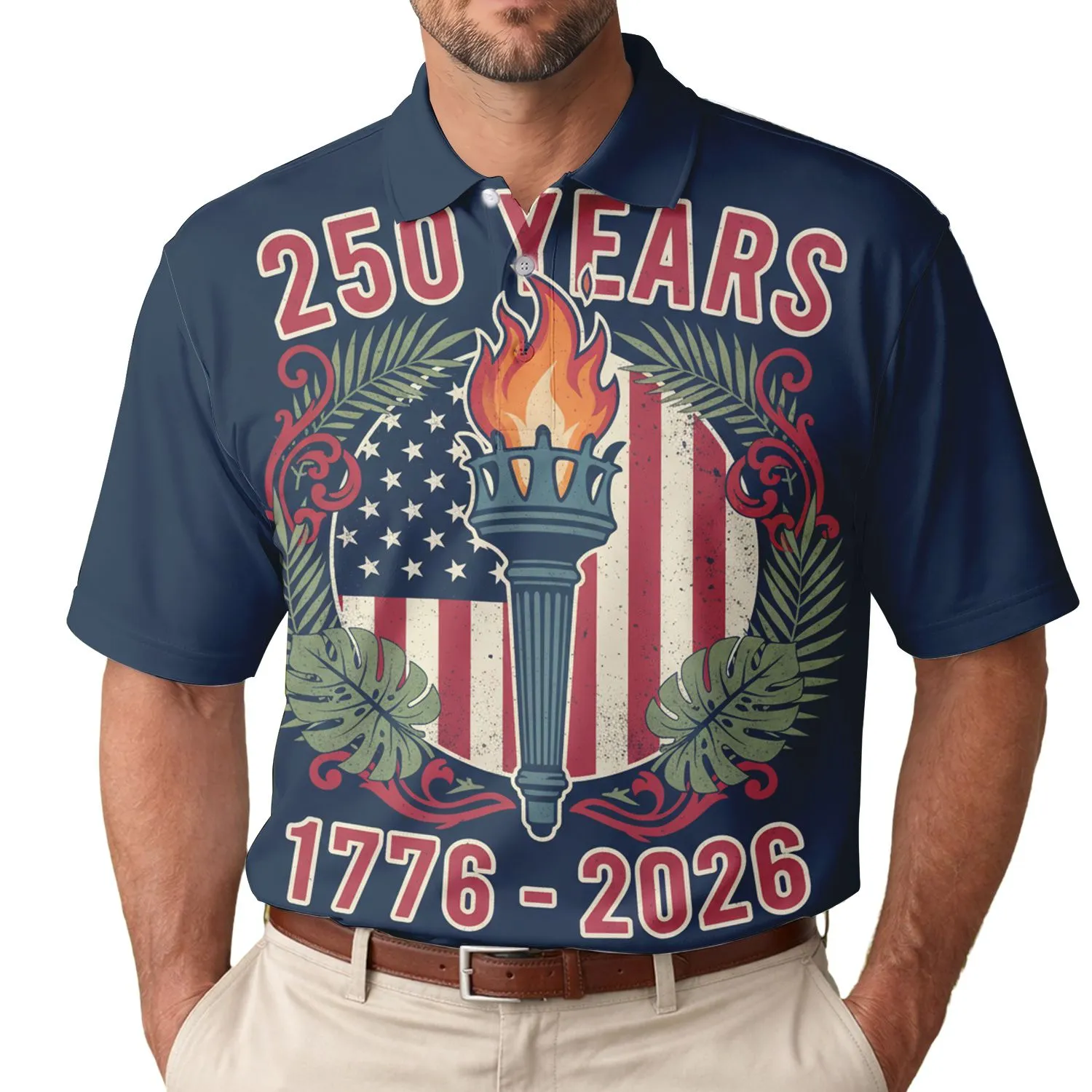 America 250th Anniversary: Distressed Liberty Torch Flag 1776-2026 Scrollwork Men's Polo Shirt (Lightweight) - 1