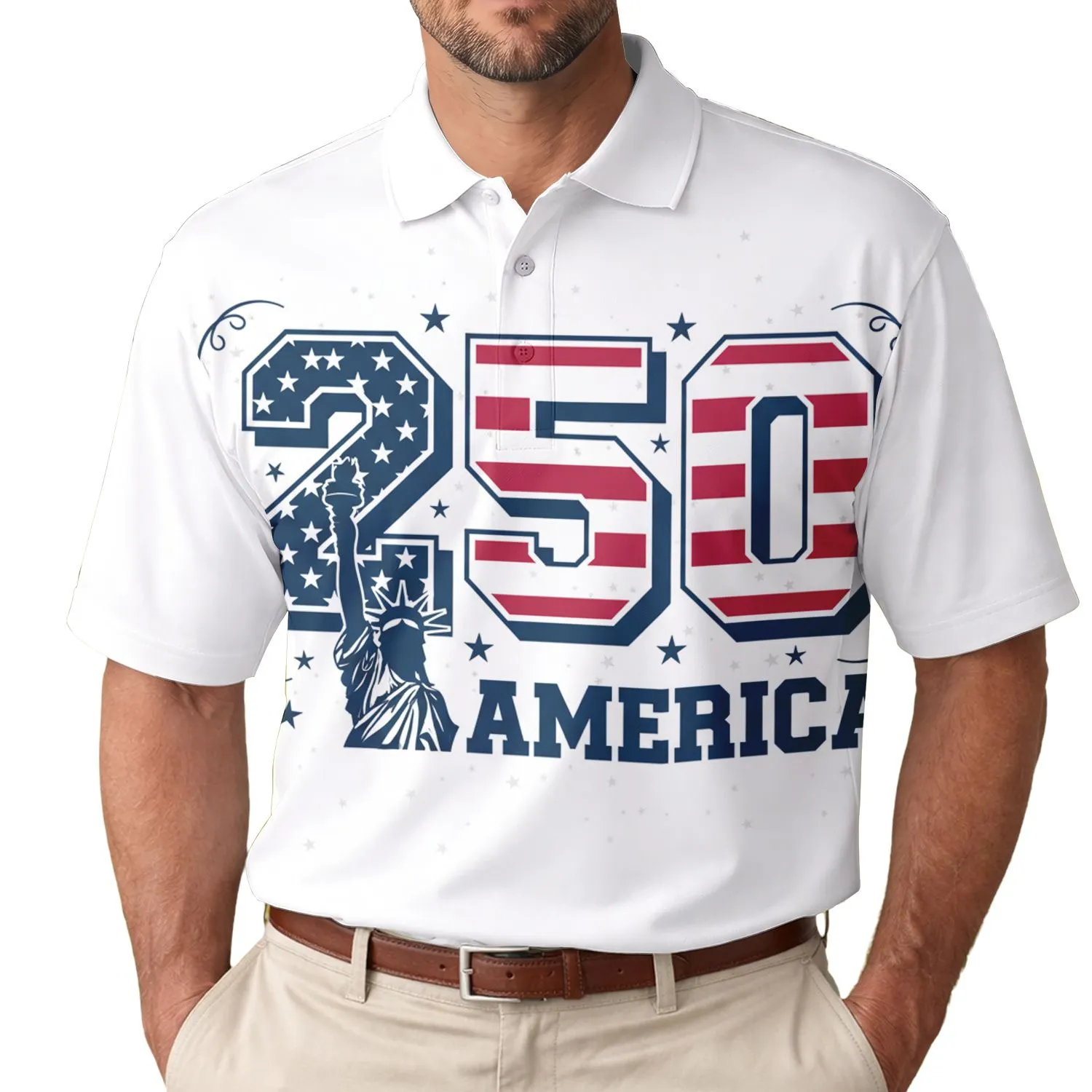 USA 250th Birthday Semiquincentennial Lady Liberty Stars Stripes Collegiate Graphic Men's Polo Shirt (Lightweight) - 1