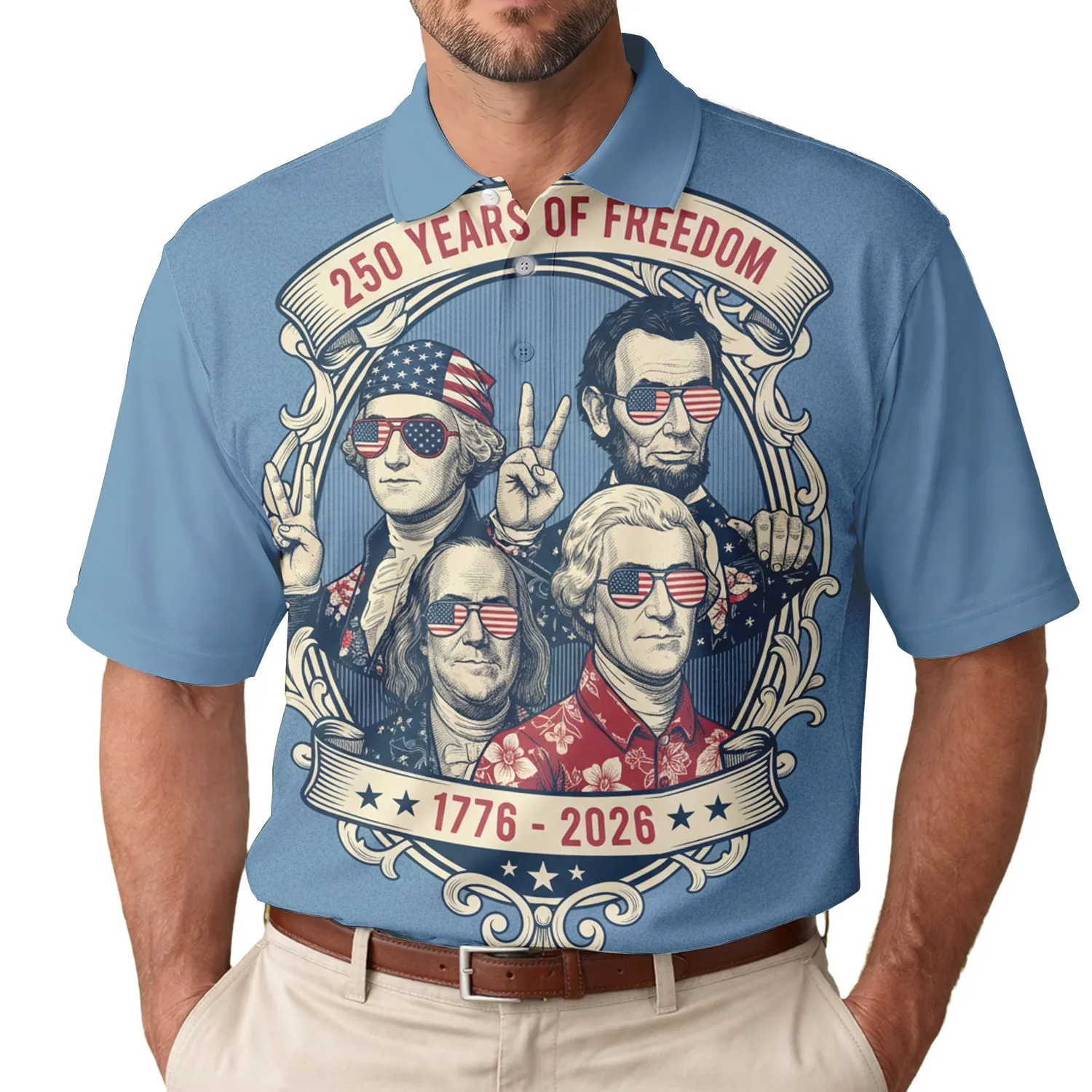 America 250th: Washington Lincoln Jefferson Franklin Flag Shades Peace Signs Engraving Men's Polo Shirt (Lightweight) - 1