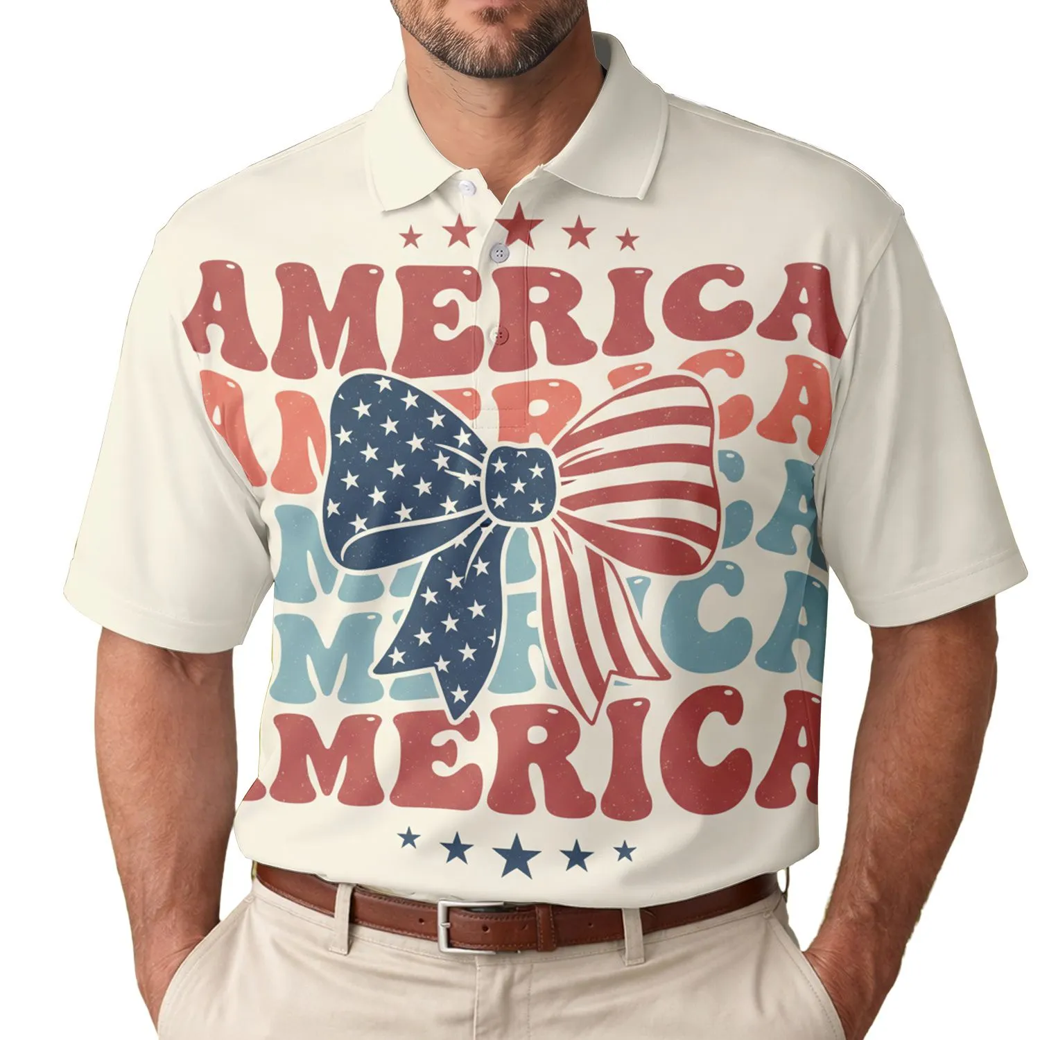 America 250th Anniversary Est 1776 Patriotic Bow Wavy AMERICA Stars Men's Polo Shirt (Lightweight) - 1