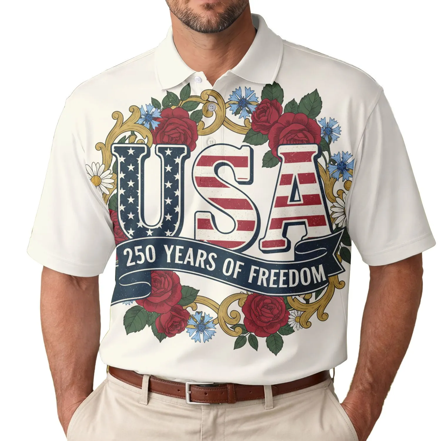America 250th Anniversary: Patriotic Polo USA, Freedom Banner, Floral Gold Design Men's Polo Shirt (Lightweight) - 1