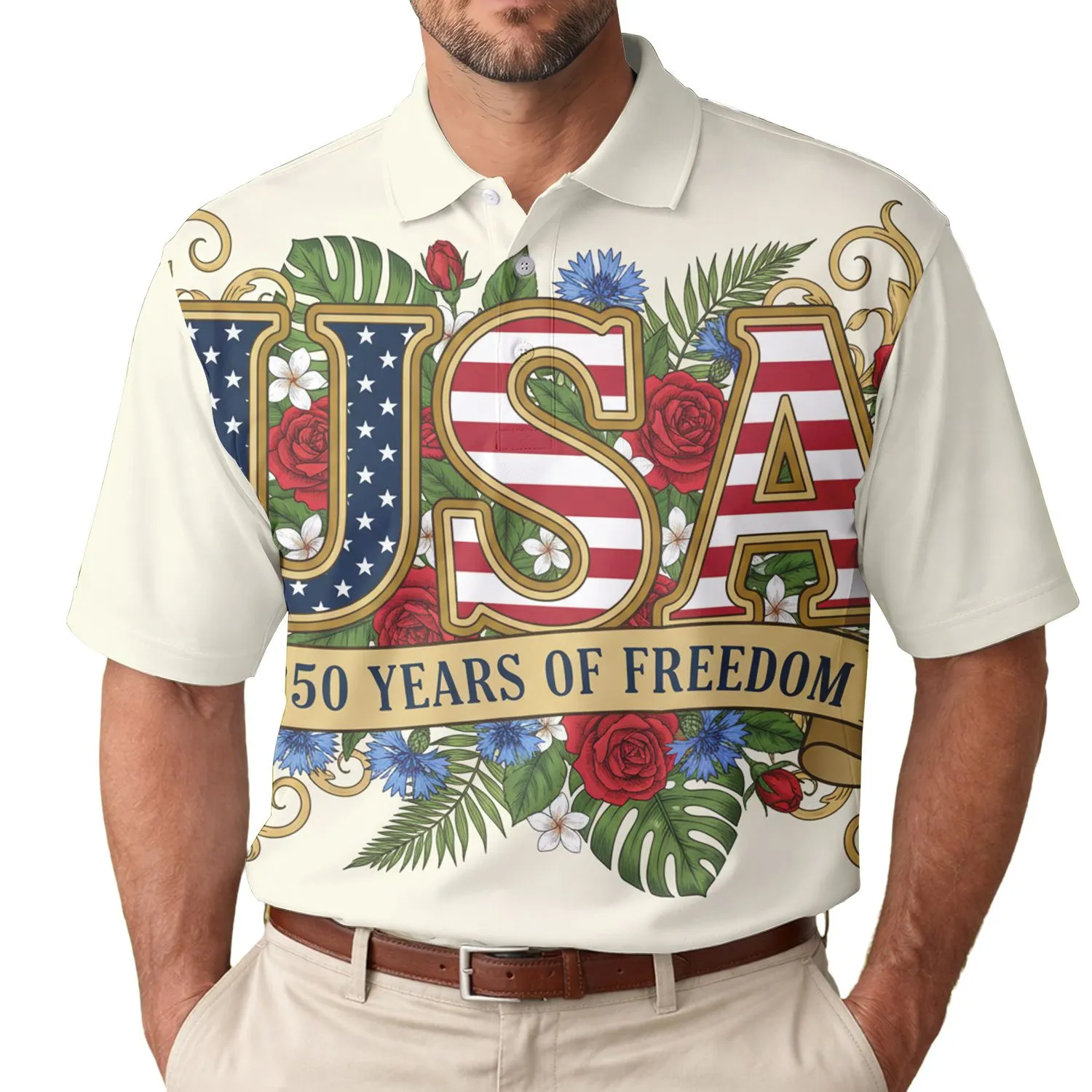USA 250th Anniversary Patriotic Polo Gold Bevel Lettering Stars Stripes Red Roses Men's Polo Shirt (Lightweight) - 1